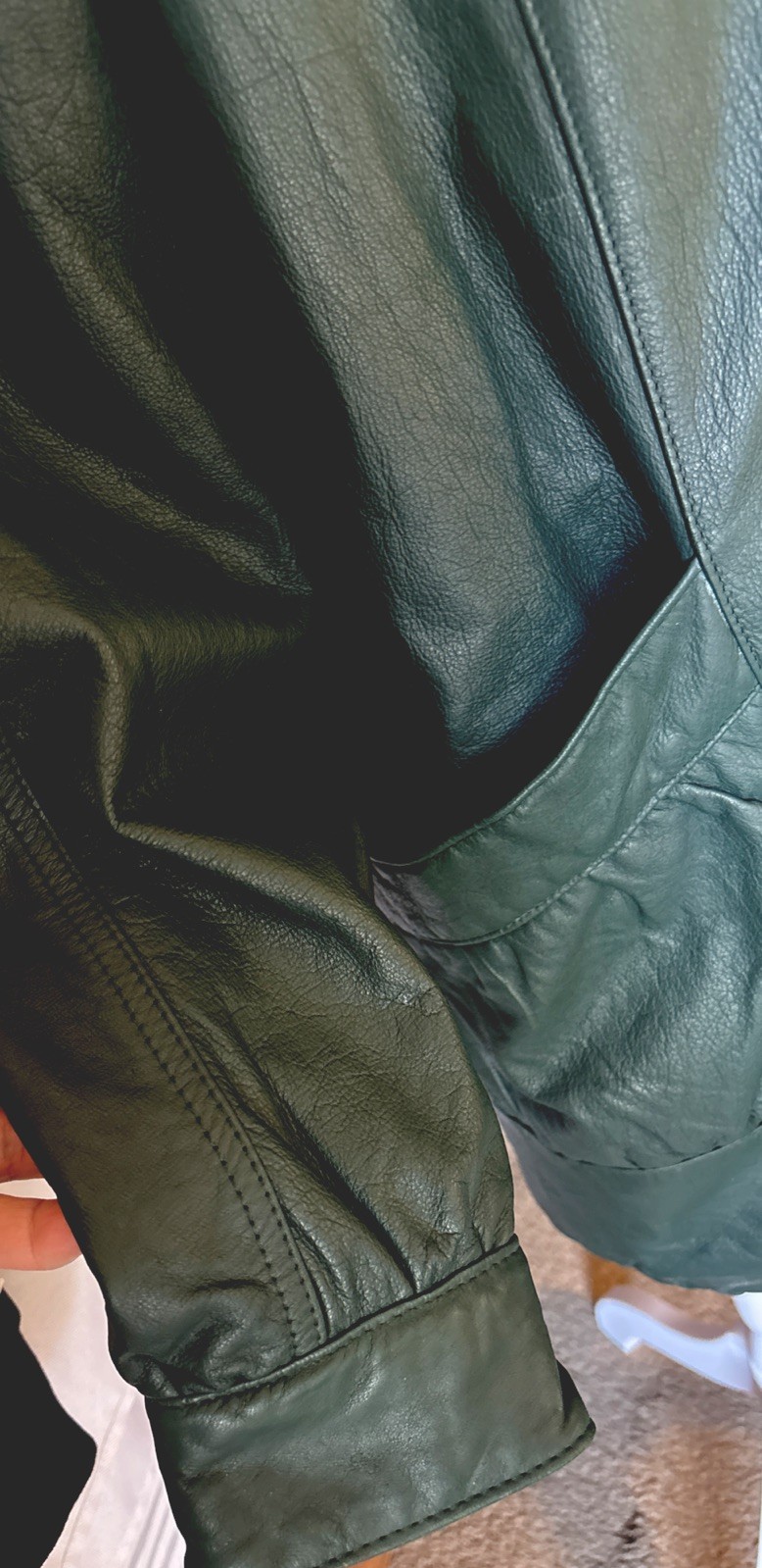 Vtg Green Leather Coat Quilted Liner Removable Hood High Collar J. Ferrar M