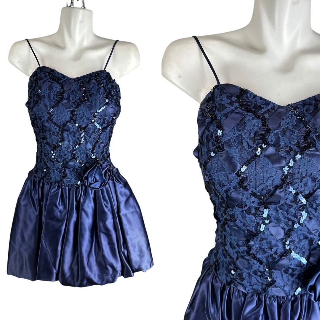 Vintage 80s Sequin Bubble Dress Mini Party Blue Purple Glam Disco New Wave Sz 1