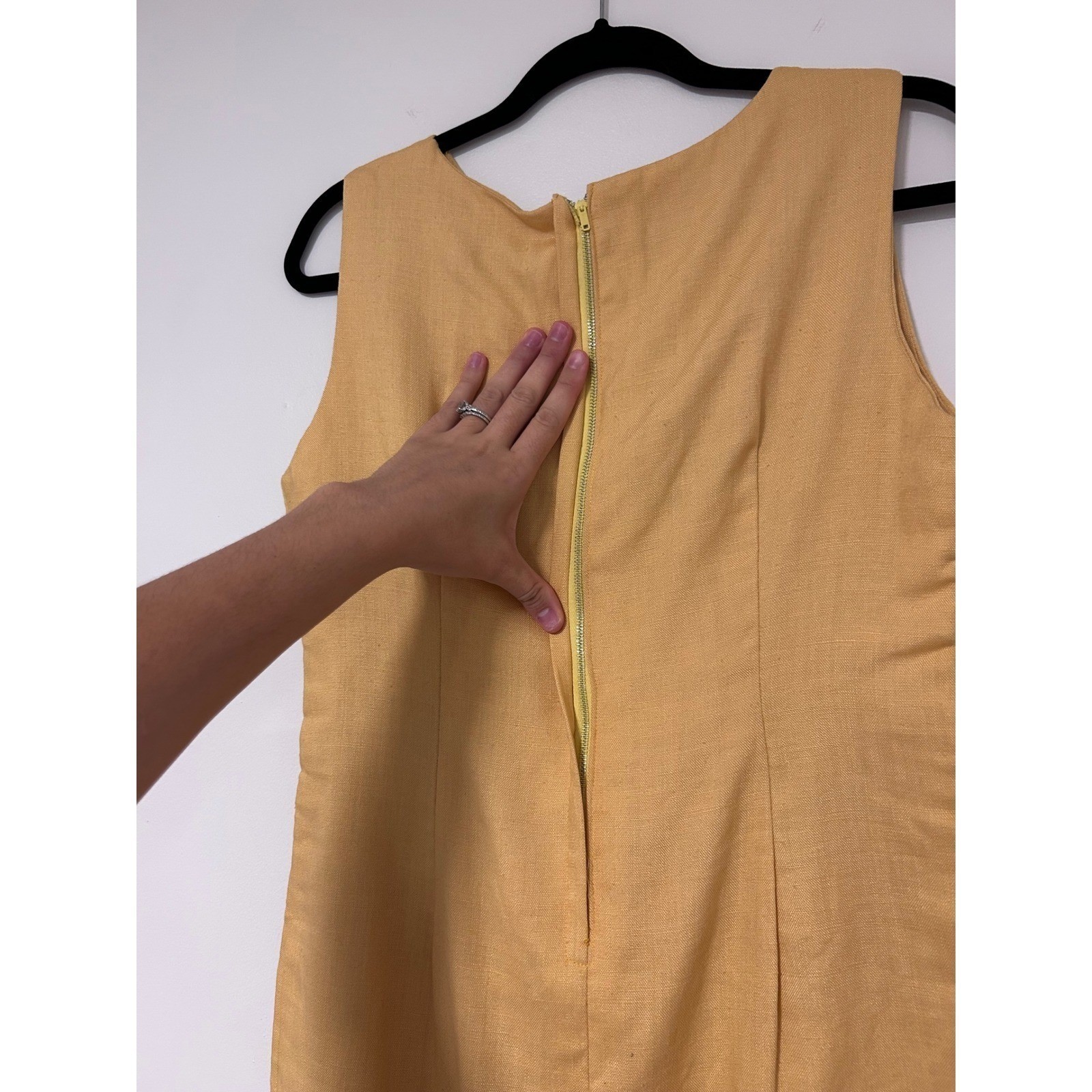 Vintage 60s Mustard Yellow Embroidered Linen Shift Dress Sleeveless Boho Mod S