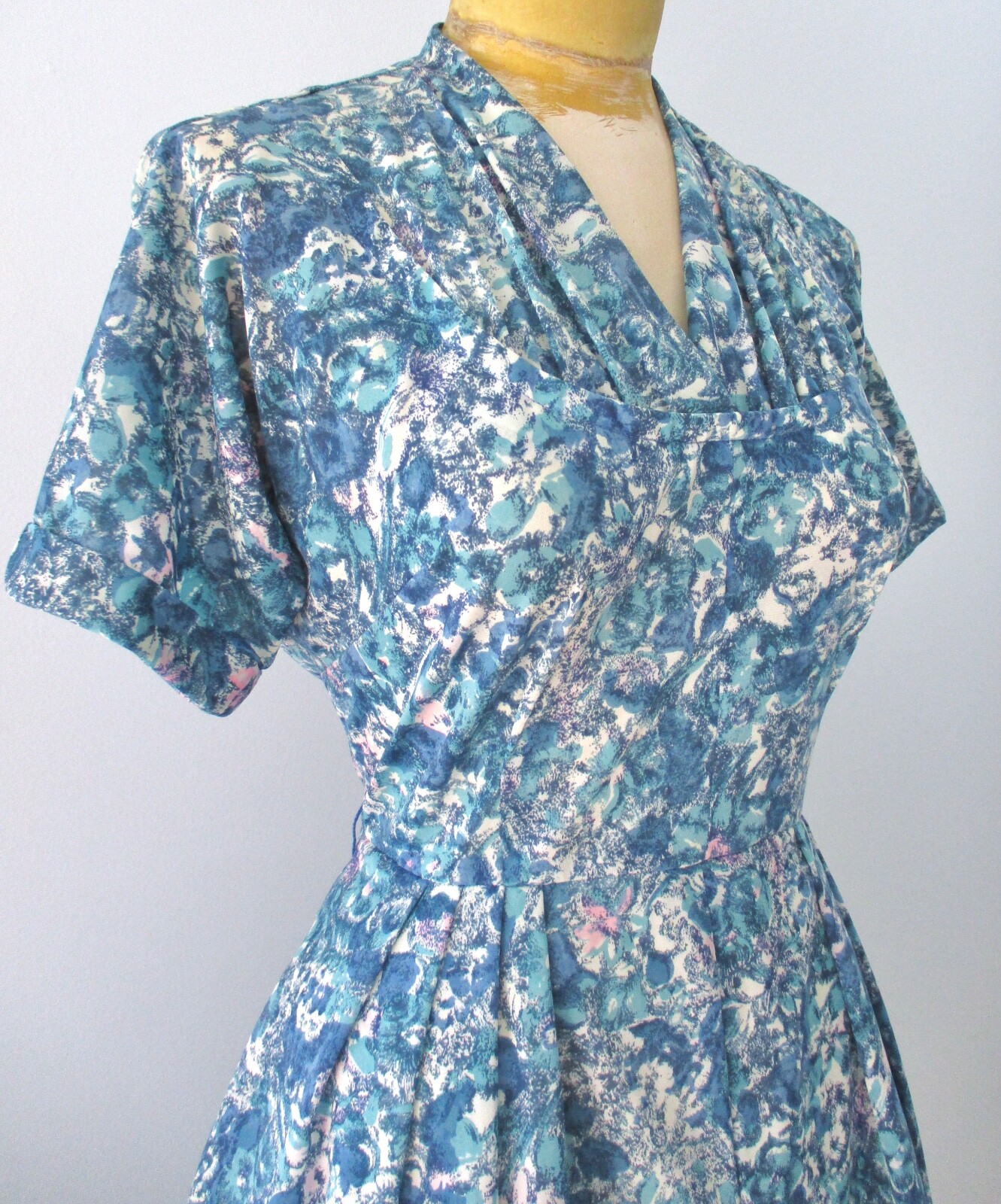 Vtg 50s 60s Blue Pink Abstract Silky Knit Rockabilly Swing Dress Nelson Caine M