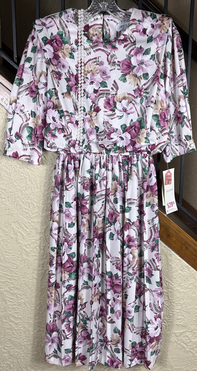 NWT VTG MCS Ltd New York Floral Blouson MIDI Dress Women’s 8P W/Faux Pearls 80’s