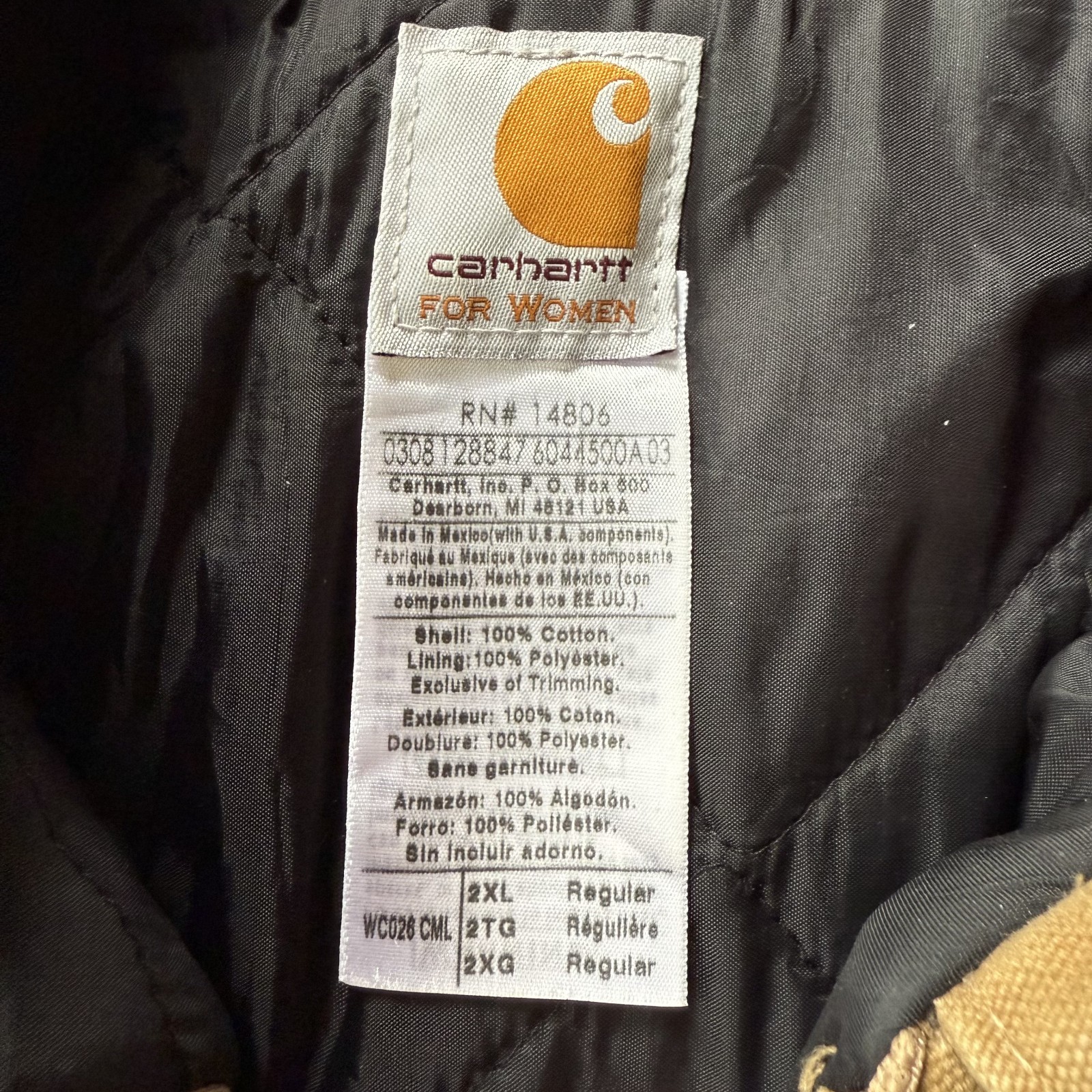 Vtg Carhartt for Women Canvas Camel Quilted Coat RN14806 Sz 2XL