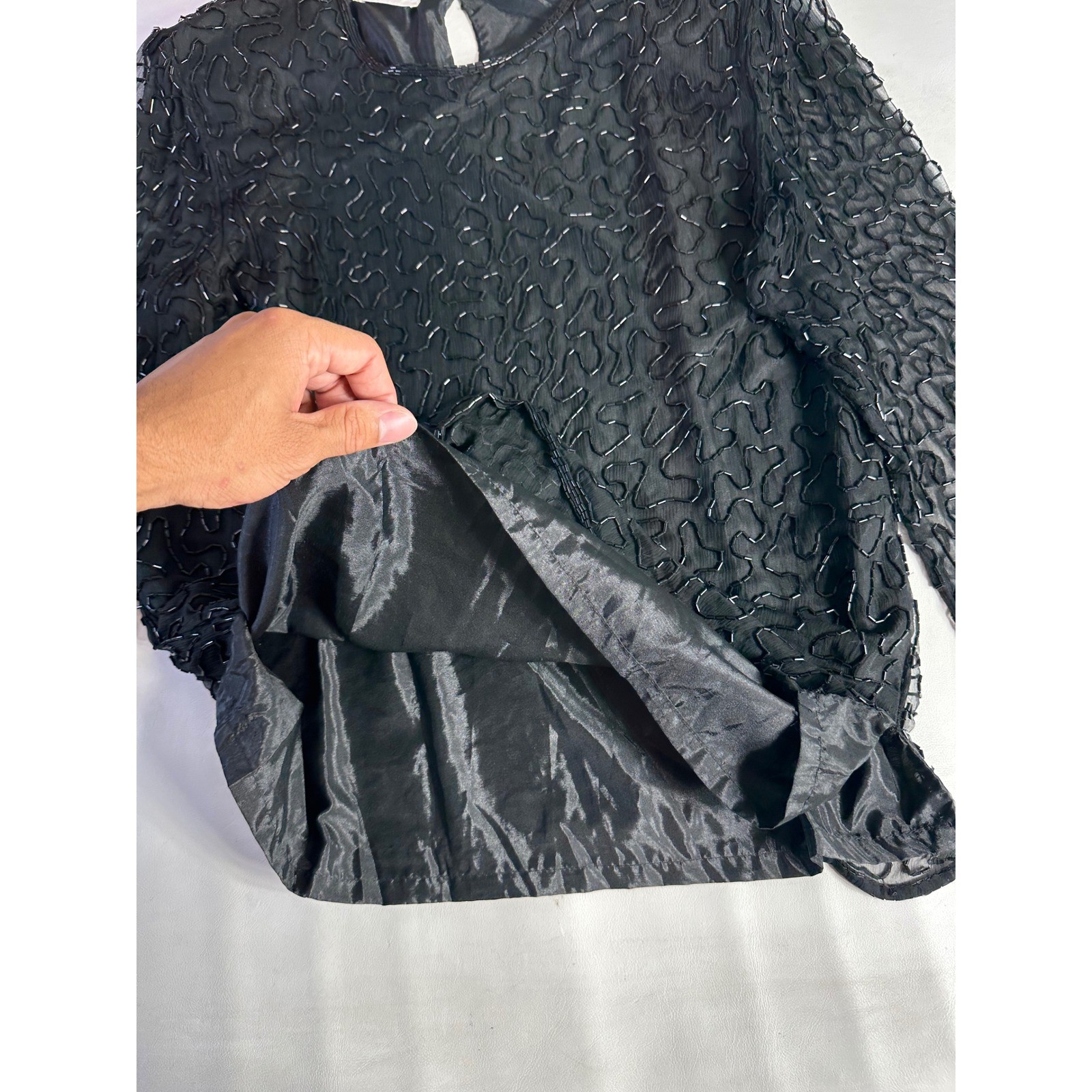 Sweelo Vintage Black Beaded Silk Top Sheer Long Sleeve Evening Blouse Small 6-8