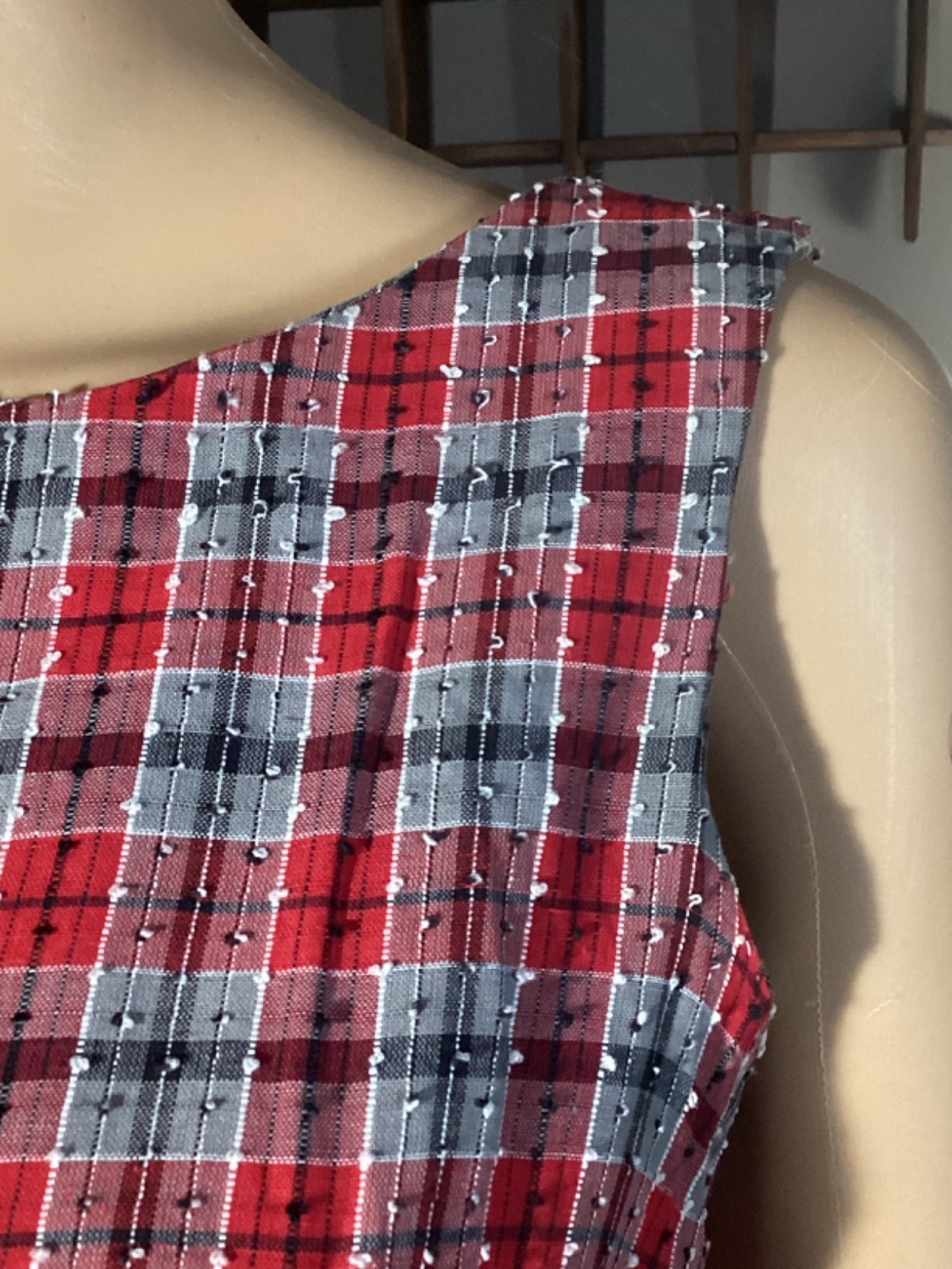 Vintage 1950s Plaid Nubby Sleeveless Day Dress Red Gray Rockabilly