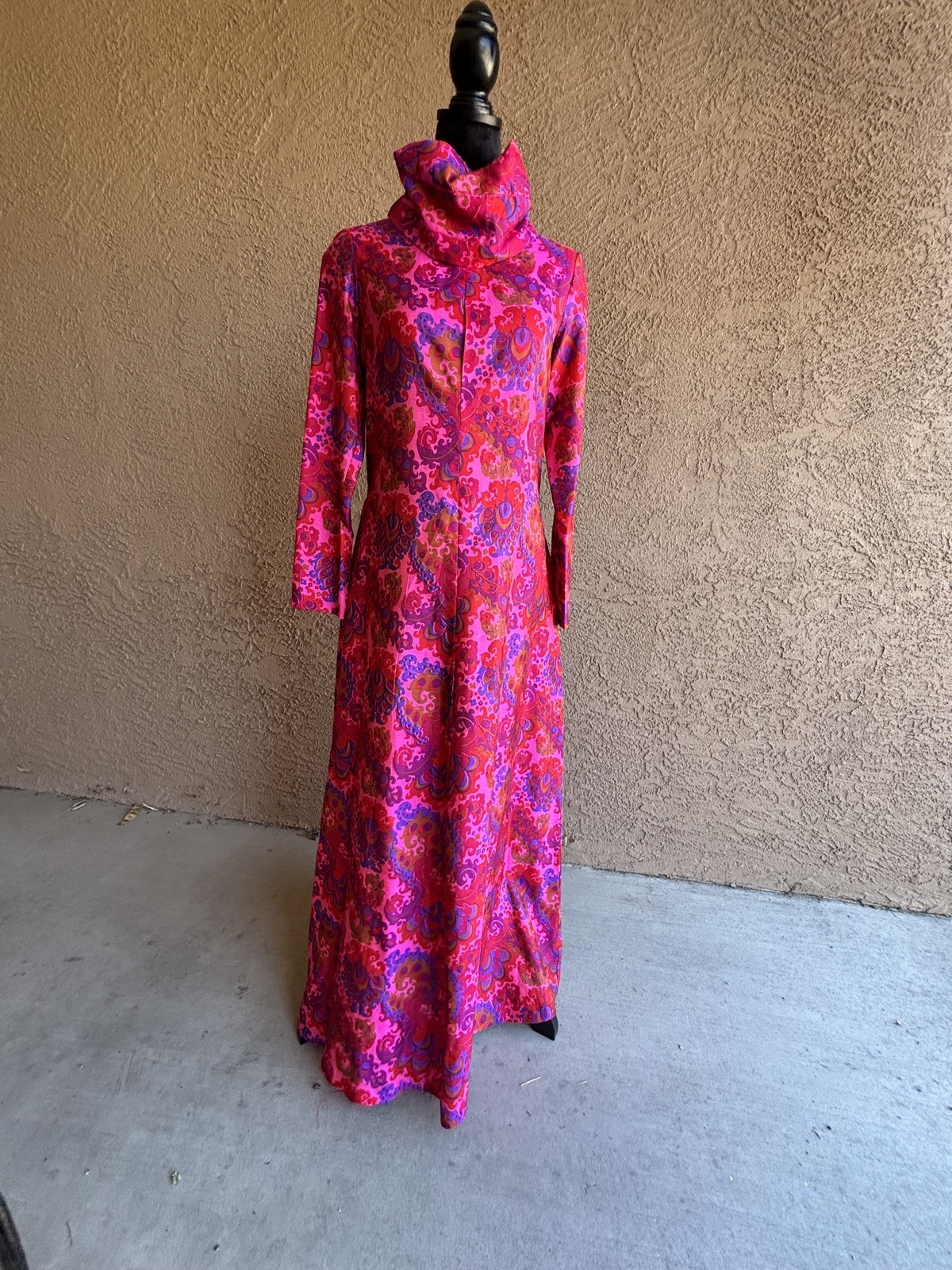 Vintage Thai Silk Bright Pink Psychedelic Cowl Neck Maxi Dress