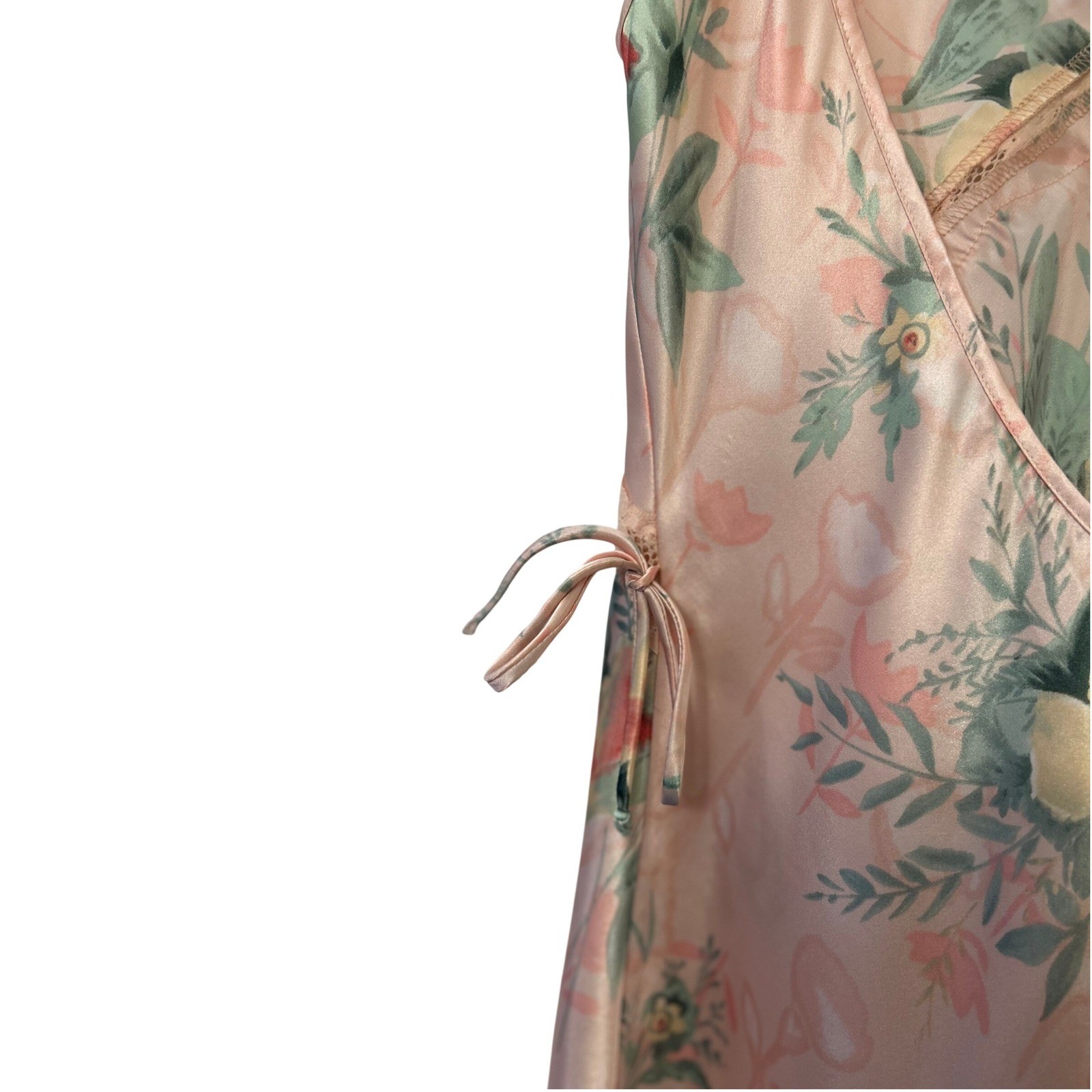 Vintage 90s Pink Floral Satin Slip Dress XS Open Back Lace Mini Nightgown Fairy