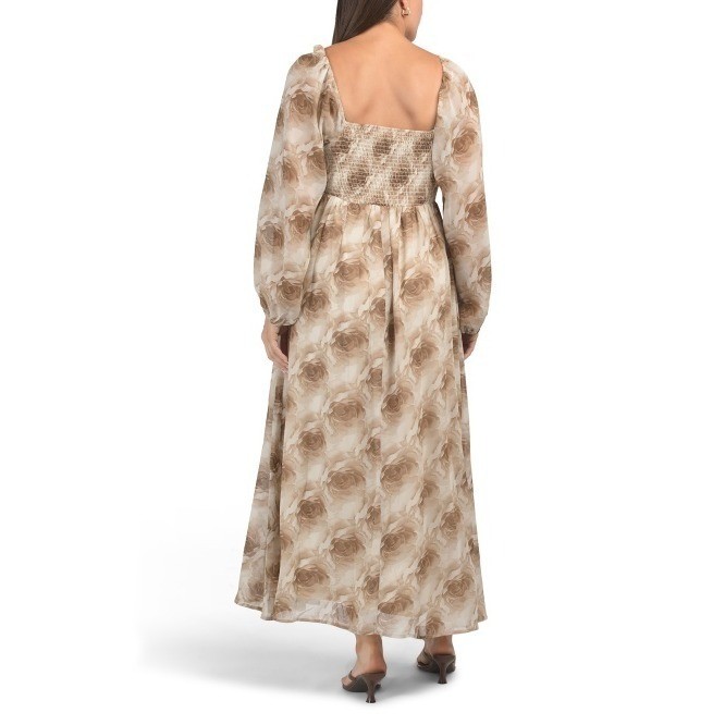 IN FEBRUARY Vintage Look Rose Smocked Back Maxi Dress Size S Mocha Pockets NWT
