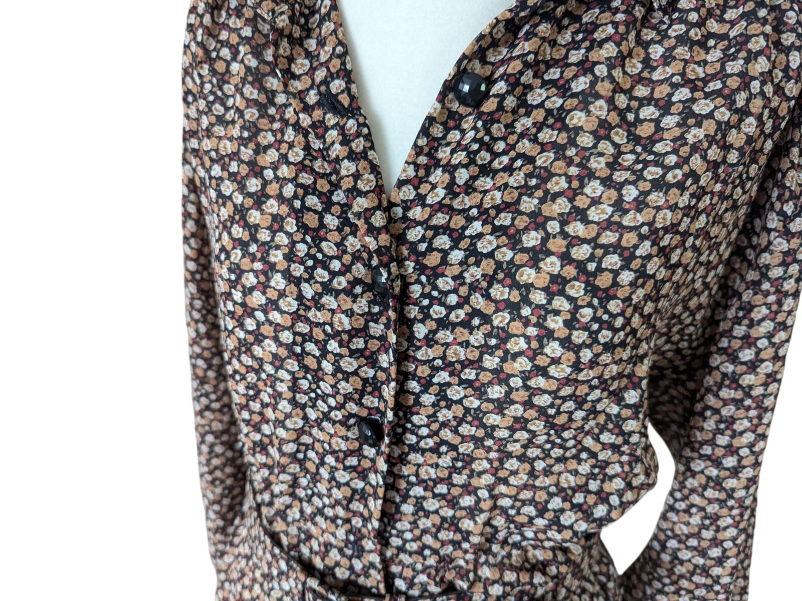 Vintage Shirt Dress M L Floral w Belt and Pockets Black Brown Red Semi Sheer