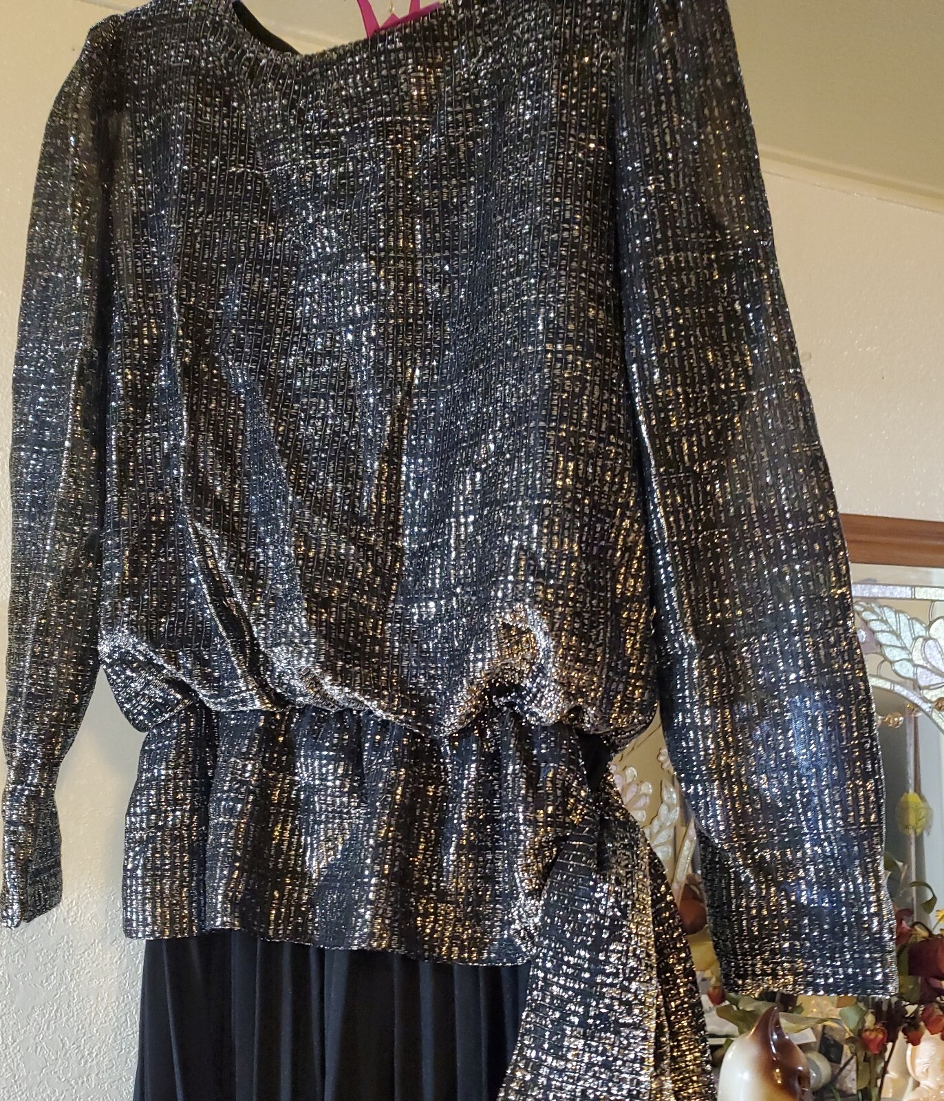 VTG T & F DRESS SIZE 12 BLACK SKIRT & SILVER/BLACK SHIMMERING TOP LONG SLV USA 