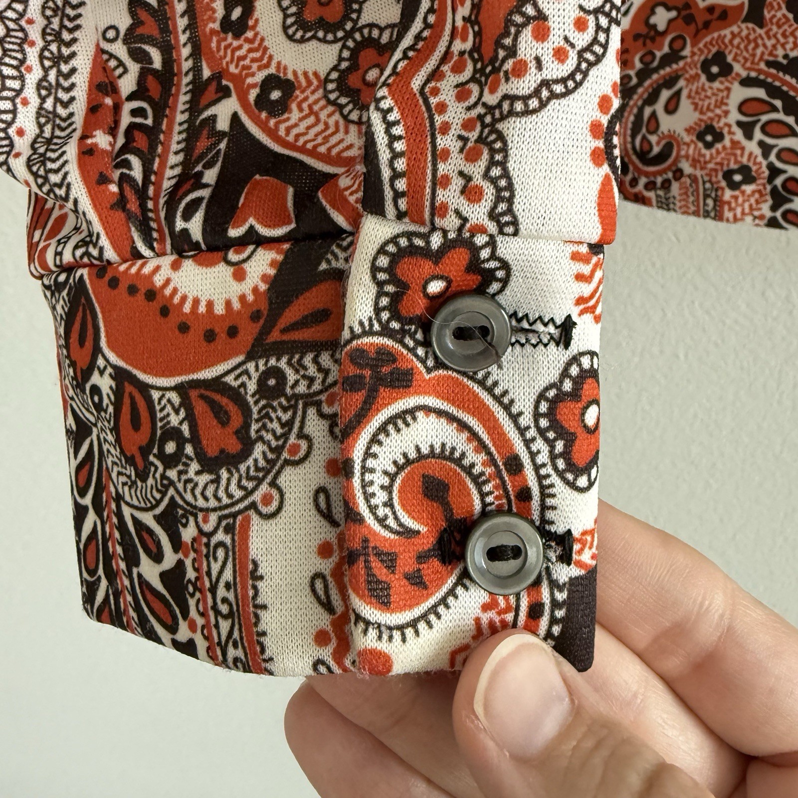Vintage 70s Paisley Button Up Shirt Womens Large Brown Orange Hipster Disco Boho