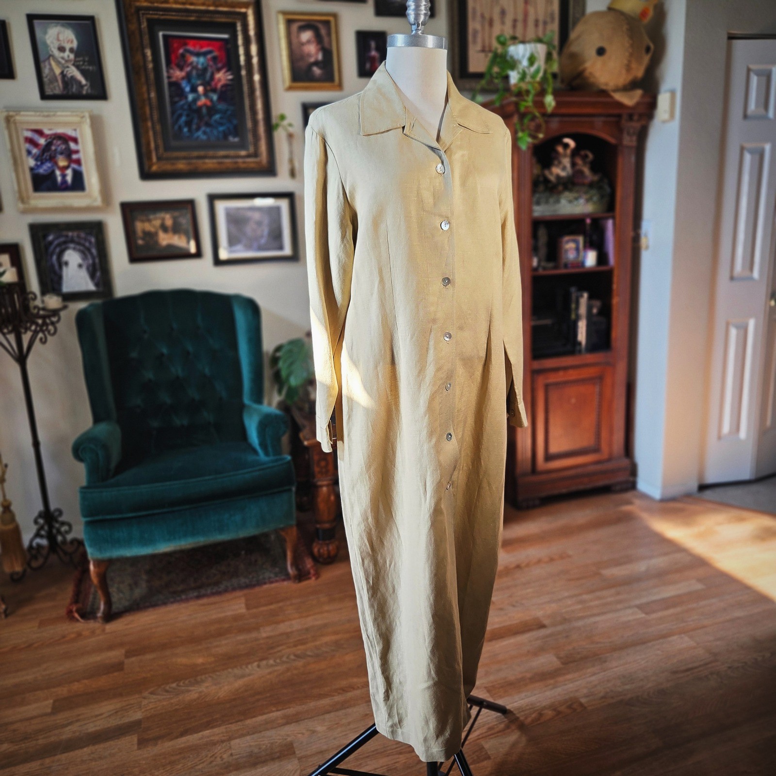 Styleworks Maxi Dress Vintage 90s Tan Linen Rayon Button Front Long Sleeve 12