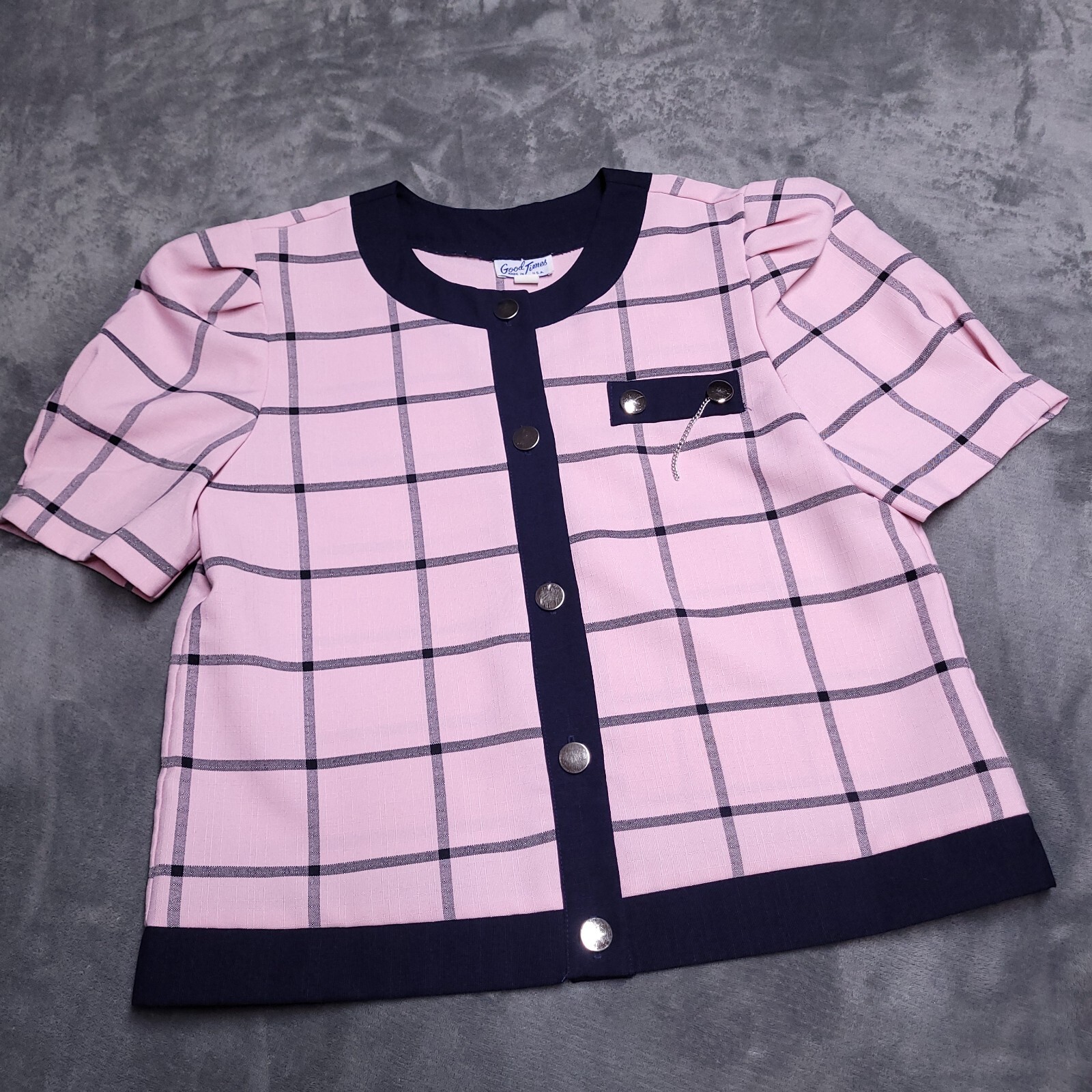Vtg Good Times 80’s Pink Blue Size 12p Blouse with Shoulder Pads Top Preppy USA