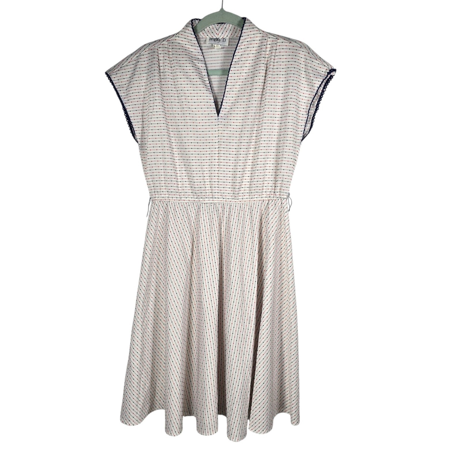 VTG Franky B Women White Red Navy Dotted Stripe Cap Sleeve Midi Dress Size 10