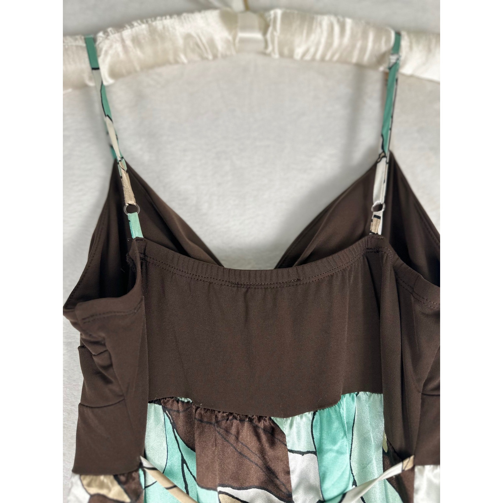 Candie’s Y2K Floral Maxi Dress XL Brown Aqua Empire Waist Satin 2000s Boho Indie