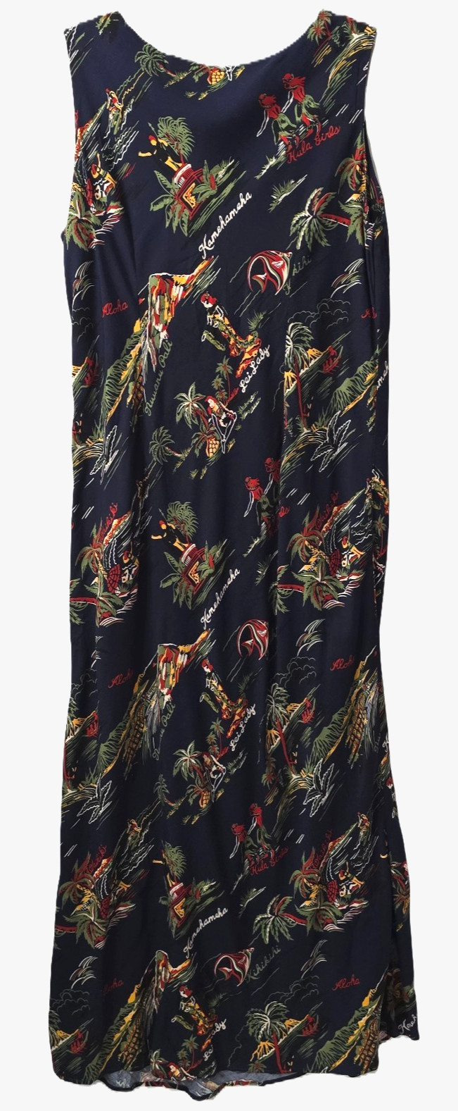 Vintage Hilo Hattie Maxi Dress 16 XL Island Palm Tree Print Navy Hawaiian Beach