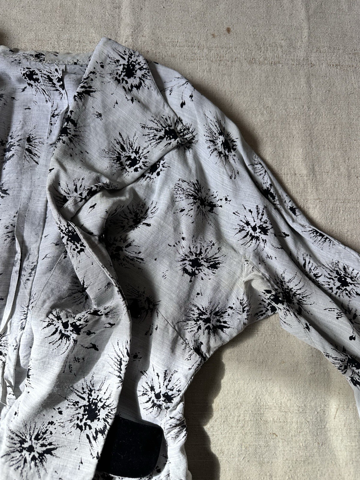 1940s Vintage French Rayon Jacket Blouse Grey Printed Top Womens Medium