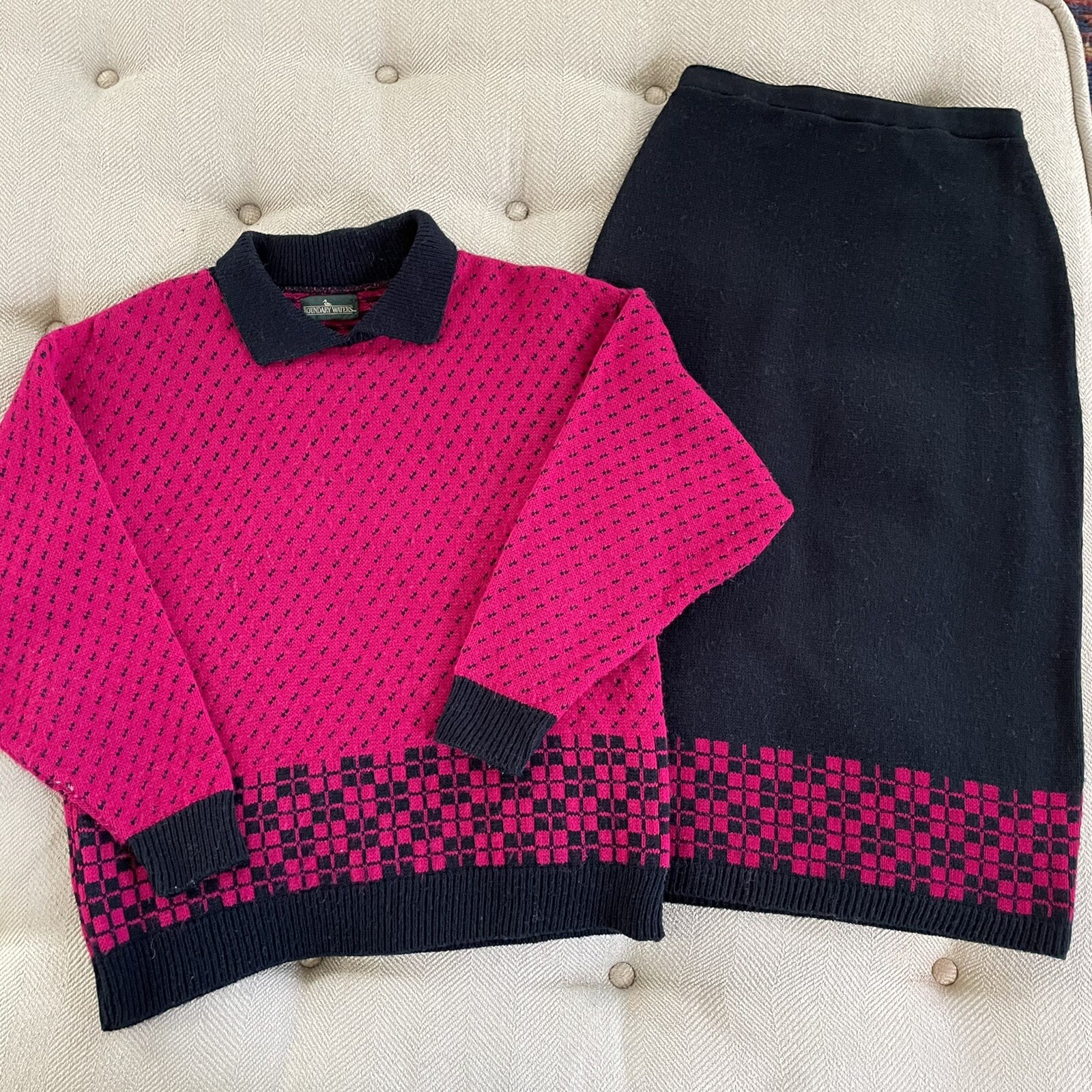 Vintage 80s Boundary Waters Outfit Sweater Skirt Set Fuchsia Black M