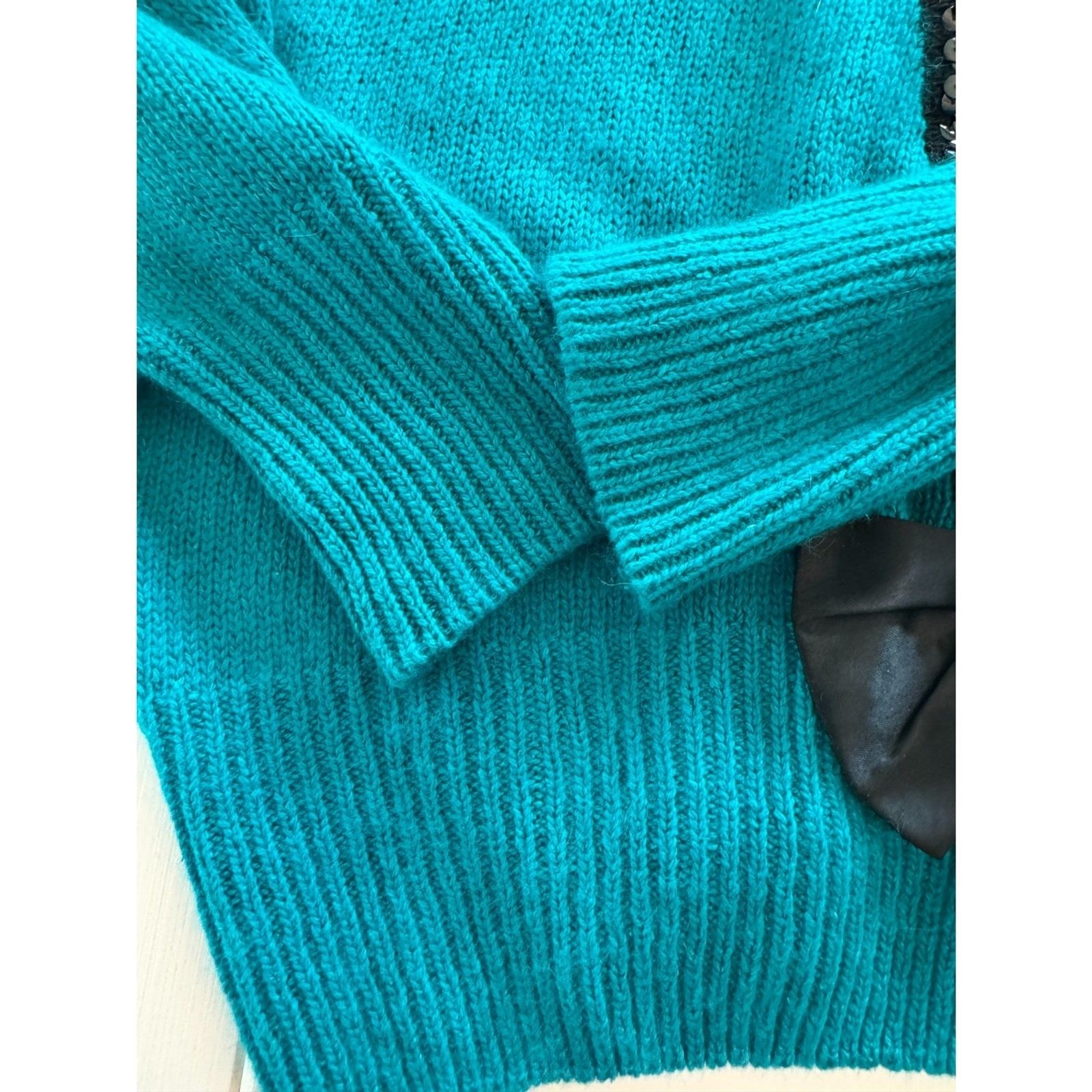 Beautifully Mine Vintage Silk Angora Sequin Bow Sweater Teal Turquoise Small