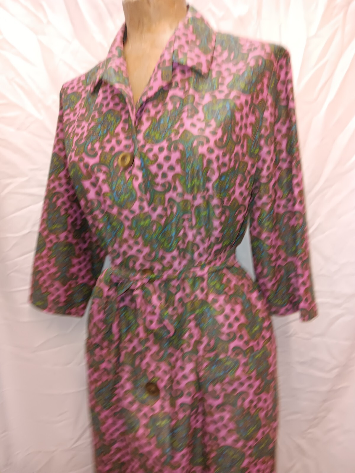 60s Pink Dark Green Blue Paisley Jersey Nylon Button Front Dress by Solida M/L