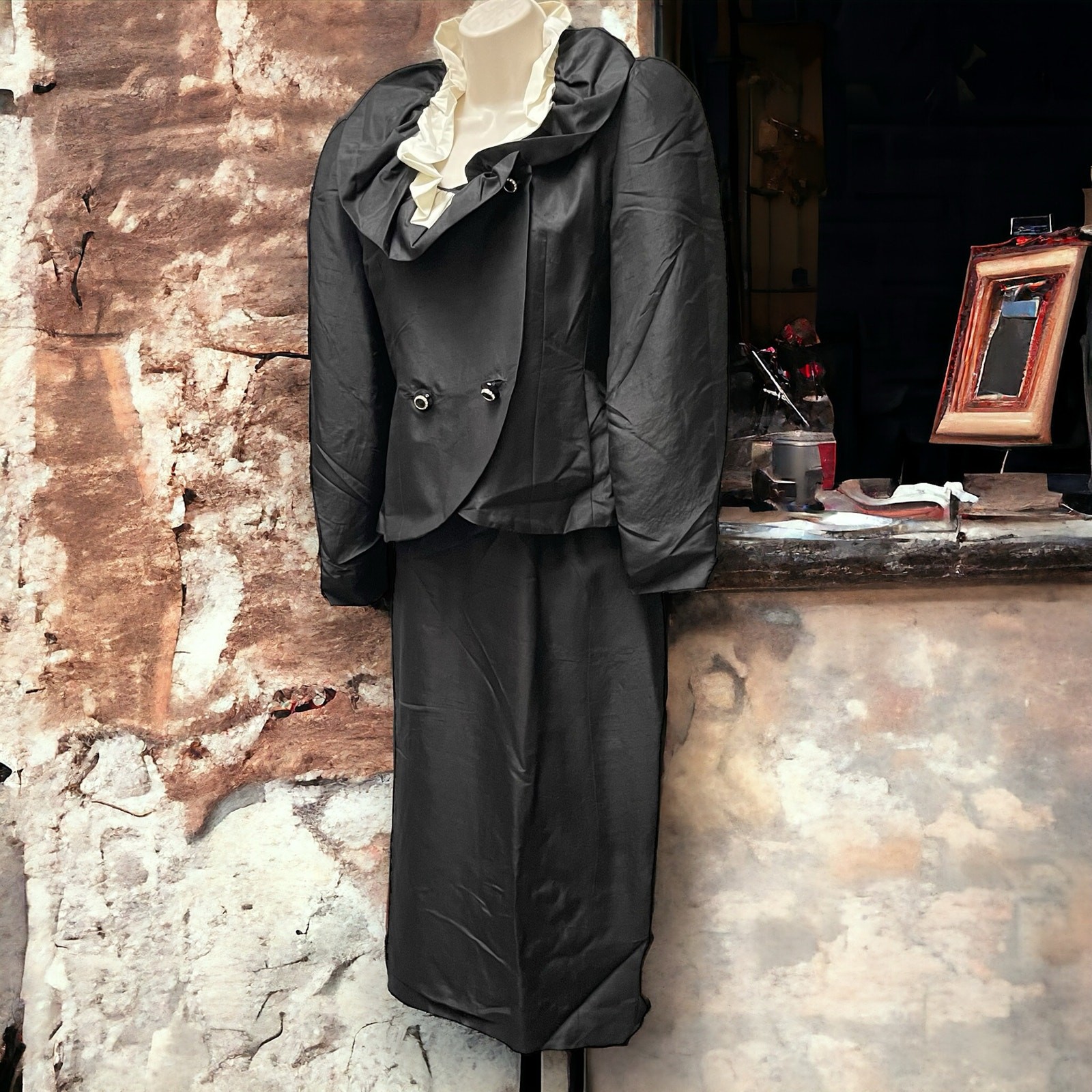 Silk Cocktail Skirt Suit Black & White Feminine Large Ruffle Collar 1990’s Y2K
