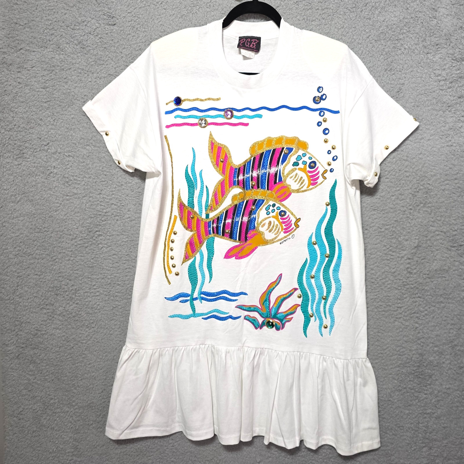 Vintage P.G.B T-Shirt Tropical Fish Dress Puff Pain Studs Shoulder Pads Large