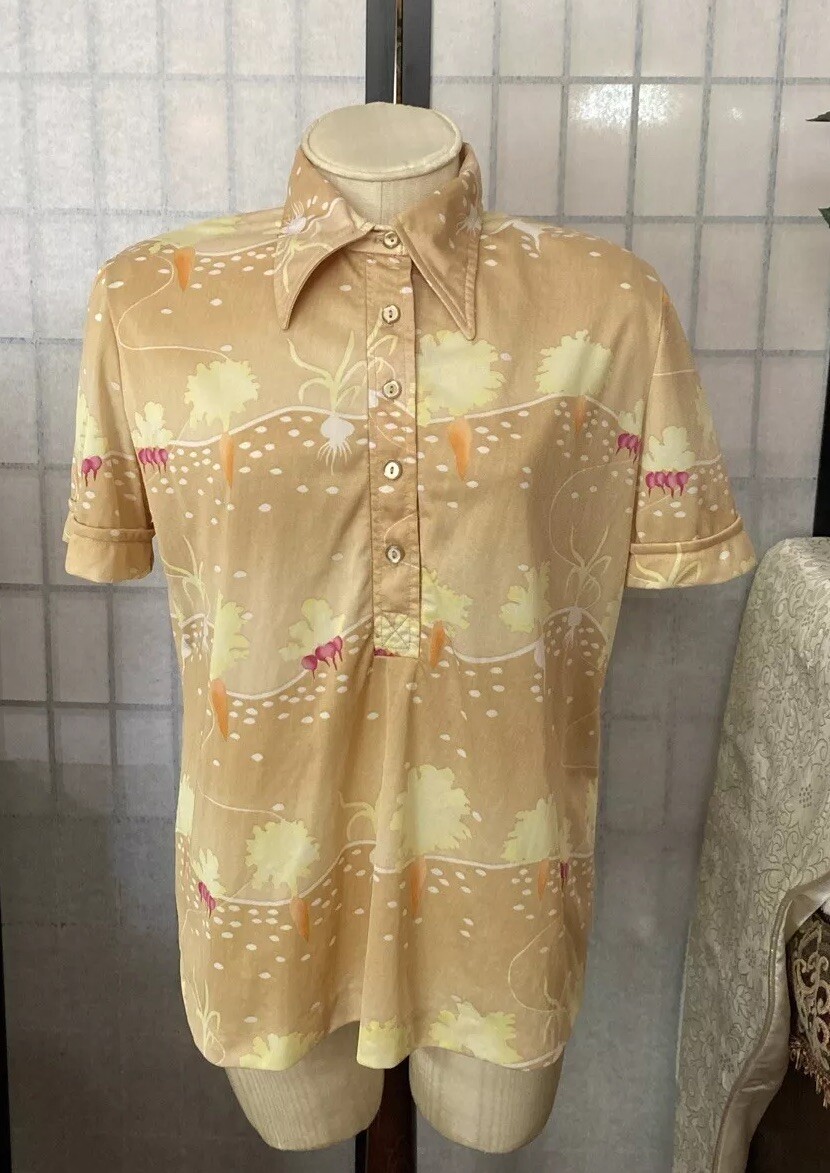 VTG 70’s Alex Colman California Wom Estim. M/L Mod Henley Top Big Collar B-43.5