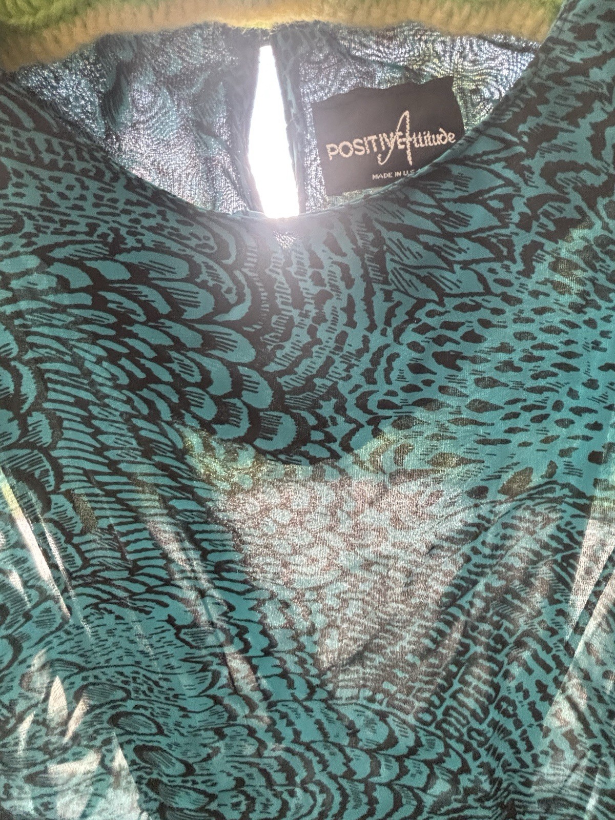 Vtg POSITIVE ATTITUDE 80’s Dress Teal W/ Black Feather Print Shoulder Pads Sheer