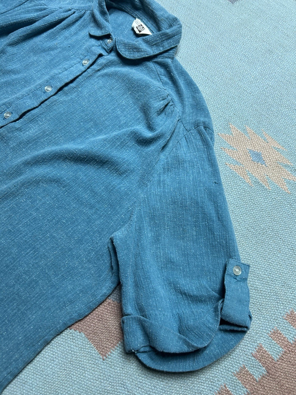Vintage 70s short sleeve pullover shirt blue textured 1/2 button women’s 42 XL