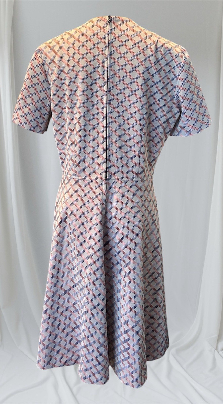 Mod Print Hand Made L Polyester Dress 1960’s Blue Red White Plaid Vtg