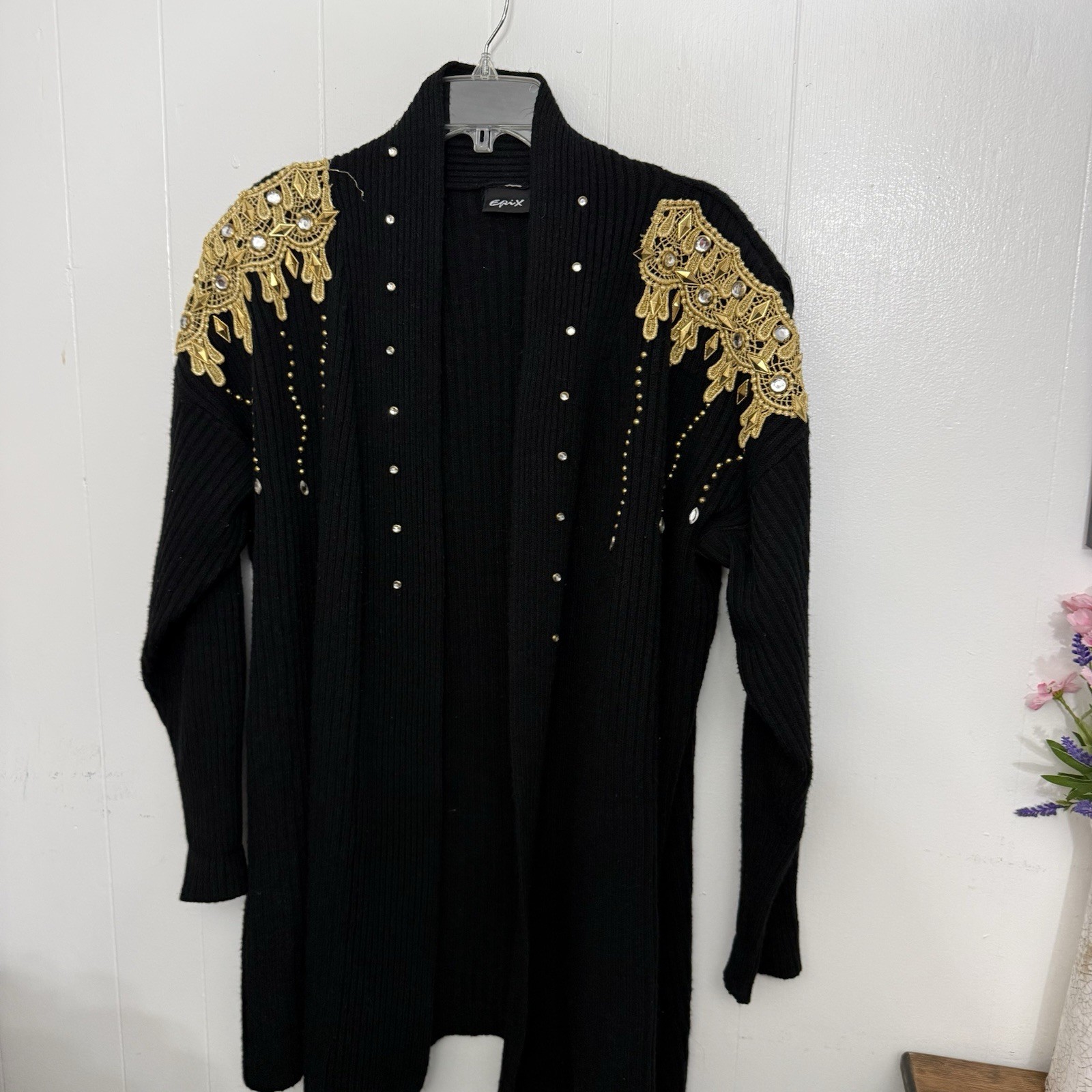 Vintage 90s Epix Black Gold Embellished Duster Cardigan Y2K Glam 1X 2X 3X