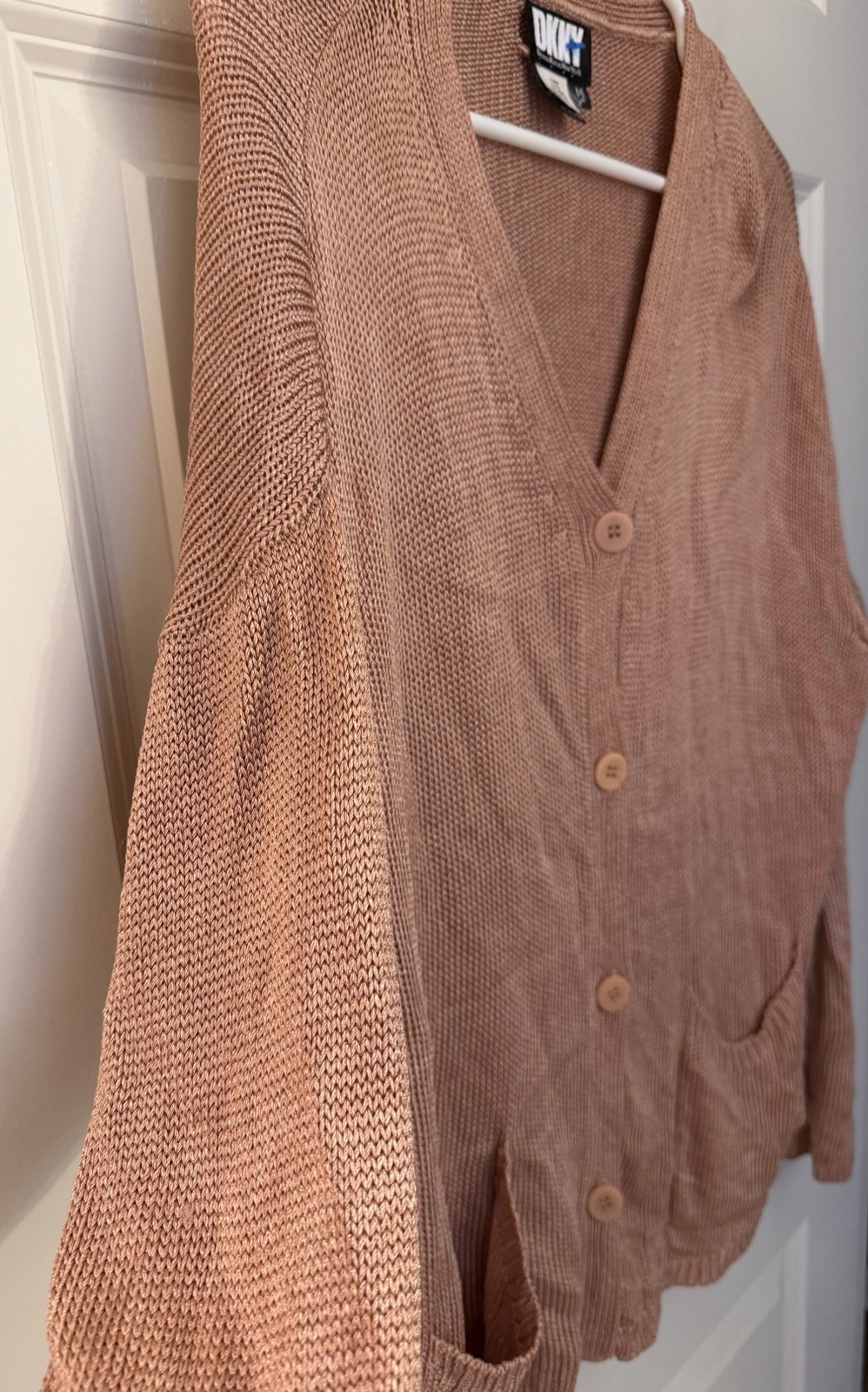 Vintage DKNY Made In USA Slinky Metallic Cardigan, Neutral Pink/Rose Gold, M