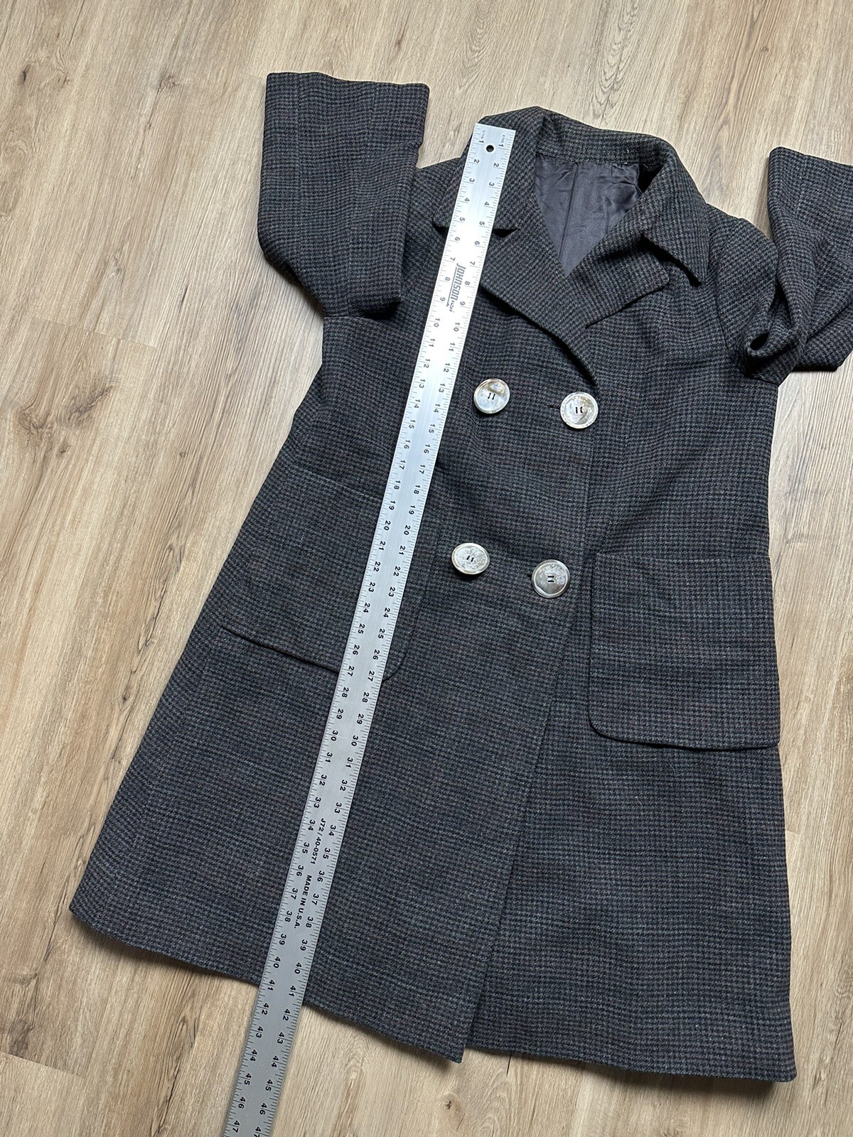 50s Vintage Double Breasted Houndstooth Grey Pea Coat Size Medium Bespoke
