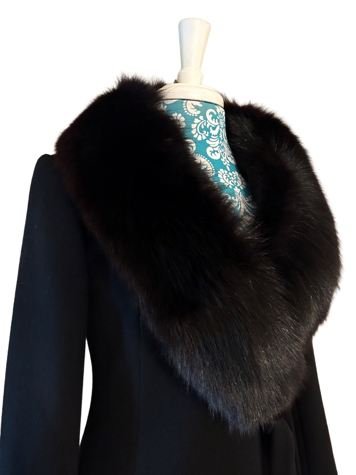 Vtg Fox Fur Black Wool Skirted Coat Pinup Bombshell Soft Girl Old Money Romantic