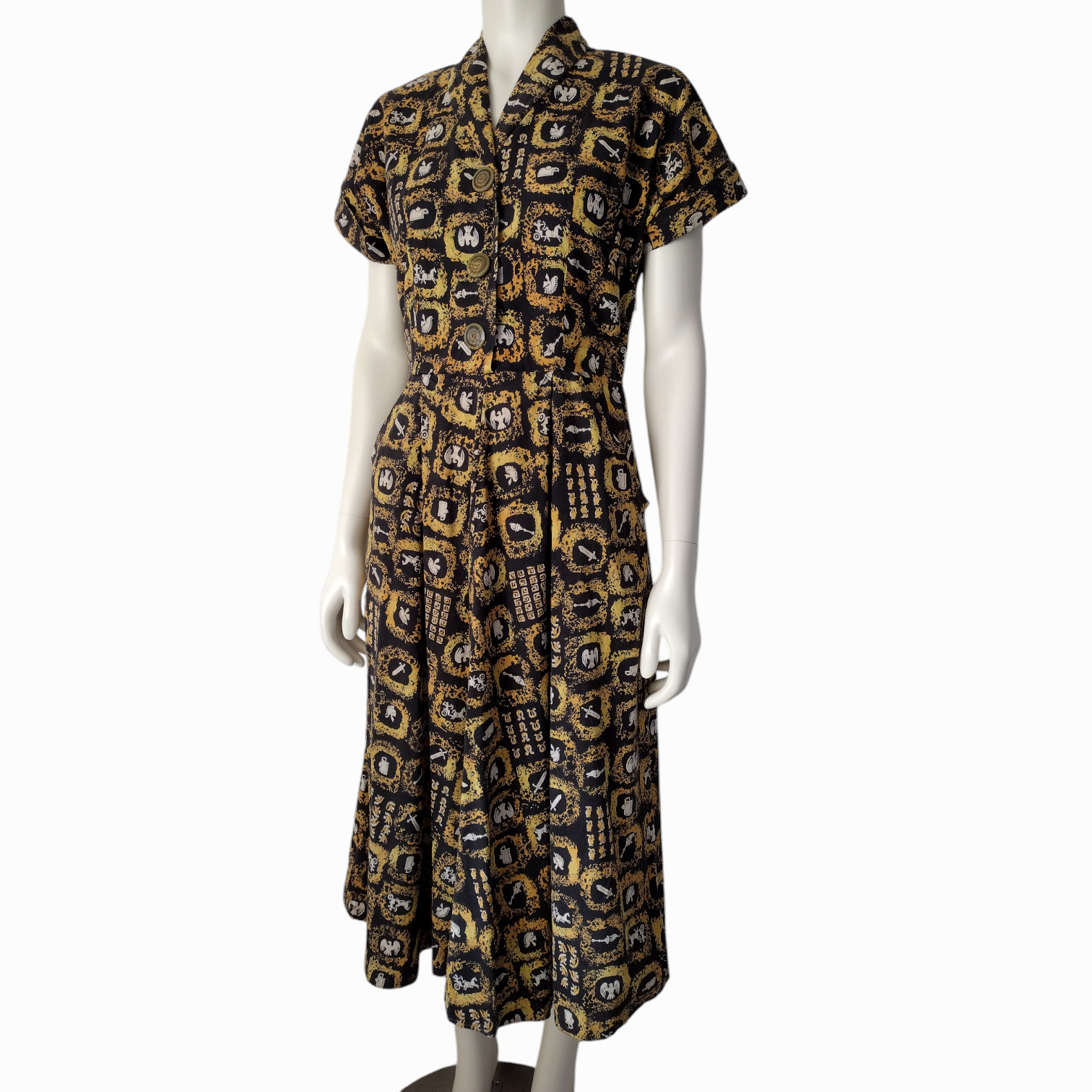 Vintage 1950s Black and Yellow Spartan Warrior Novelty Print Midi A Line Dress