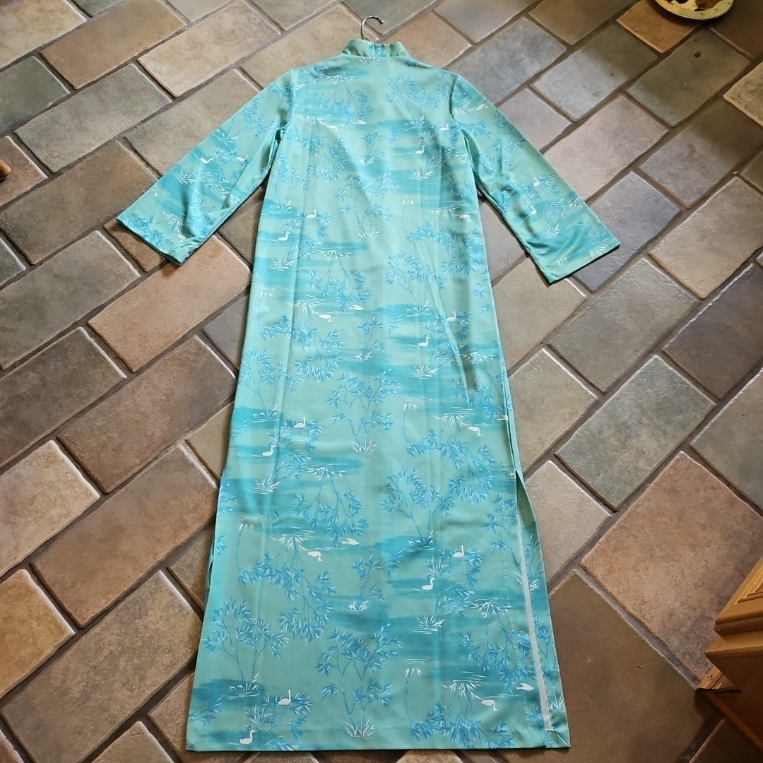 Vtg 70s Asian Pastel Green – Swans Birds Zip Up Robe Lounge Craft Original S/M