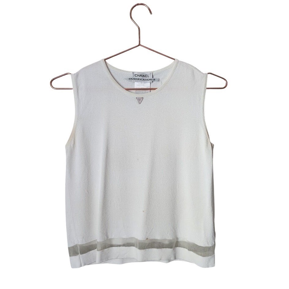 CHANEL 2000 Y2K CC Logo Sleeveless Knit Top Sheer Hem Ecru Vintage size 40