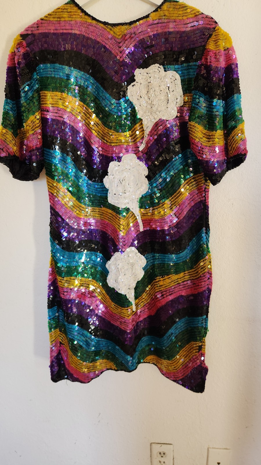 1980s Rainbow Stripe Silk Beaded Sequin Dress I Sz Med Imperial Handicrafts