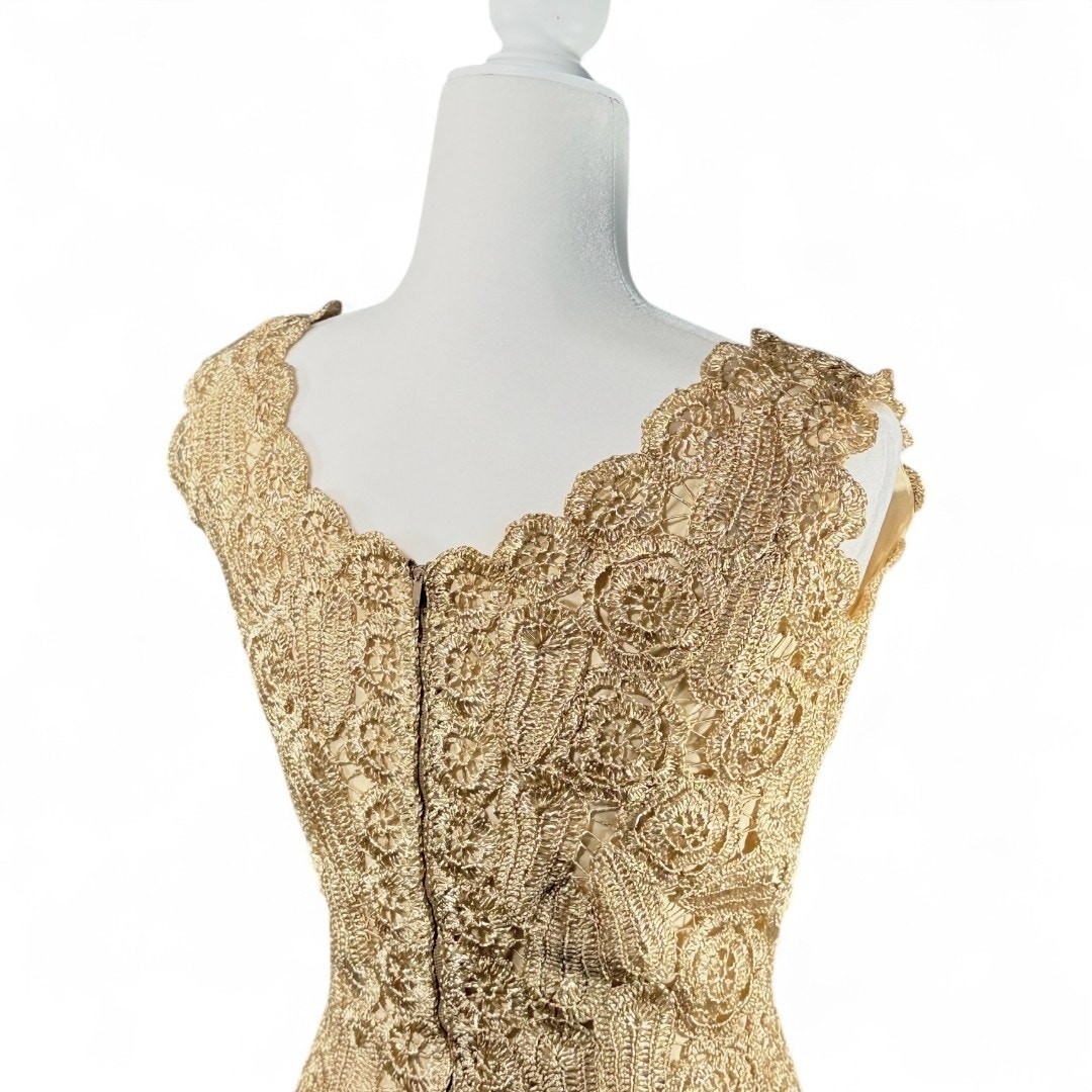 Vtg Raffia Crochet Wiggle Dress Woven Italian Tan Scallop Autumn Wedding Guest S