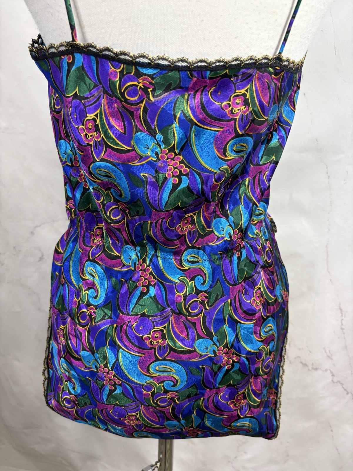 Vintage 80s Satin Teddy Bodysuit Hi Cut Whimsigoth Floral Lace S Bonjour Retro