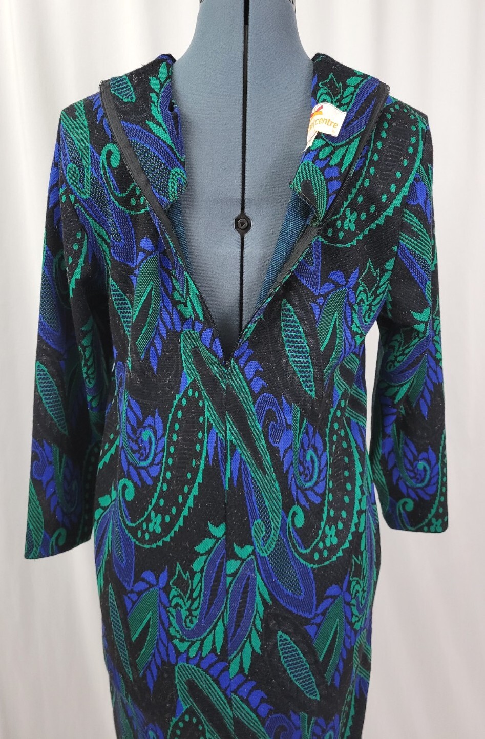Vintage Newton Centre Black A-Line Sweater Dress w Blue/Green Paisley Size 6