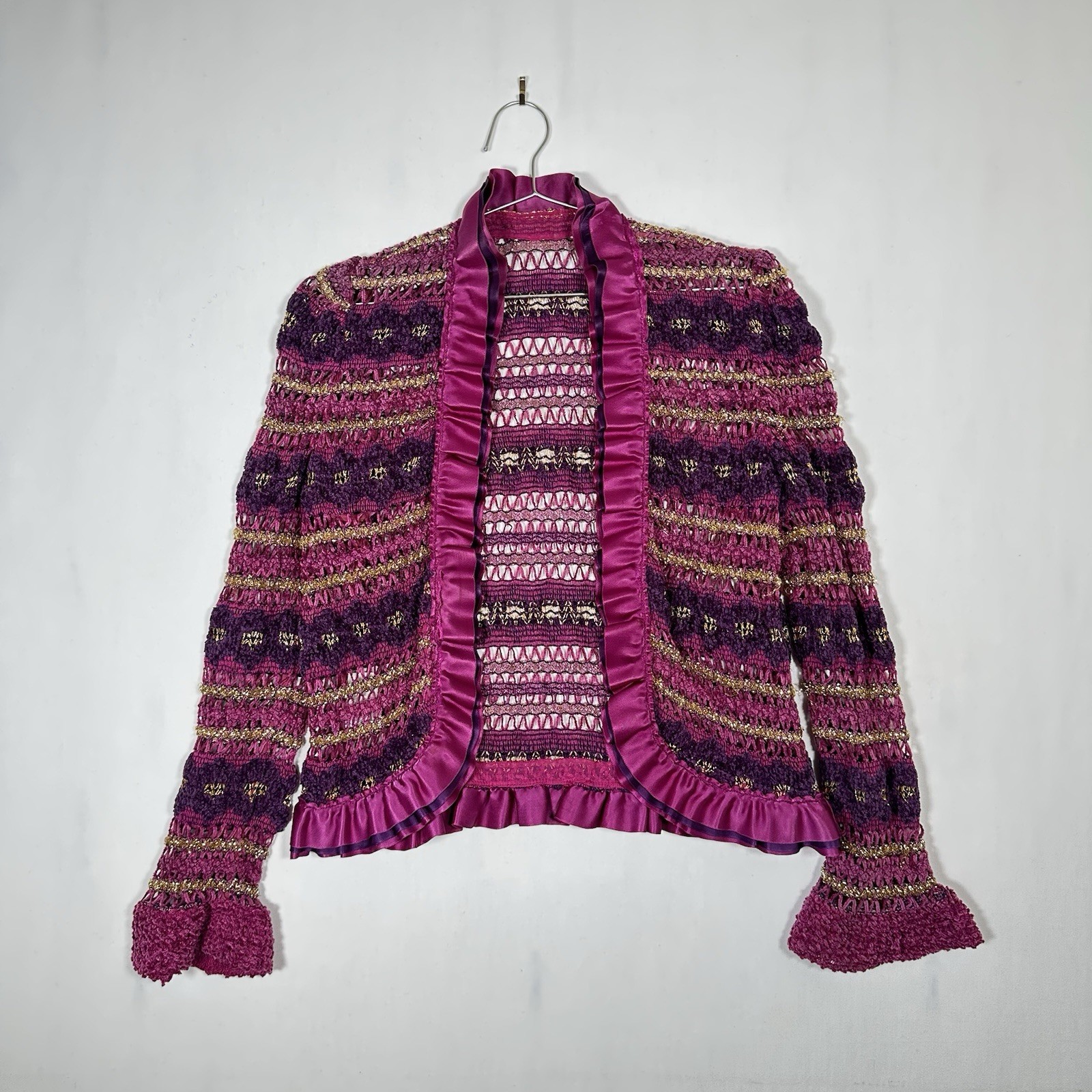 Vintage 70s ILGWU Lurex Metallic Crochet Knit Cardigan Purple Gold Size 12
