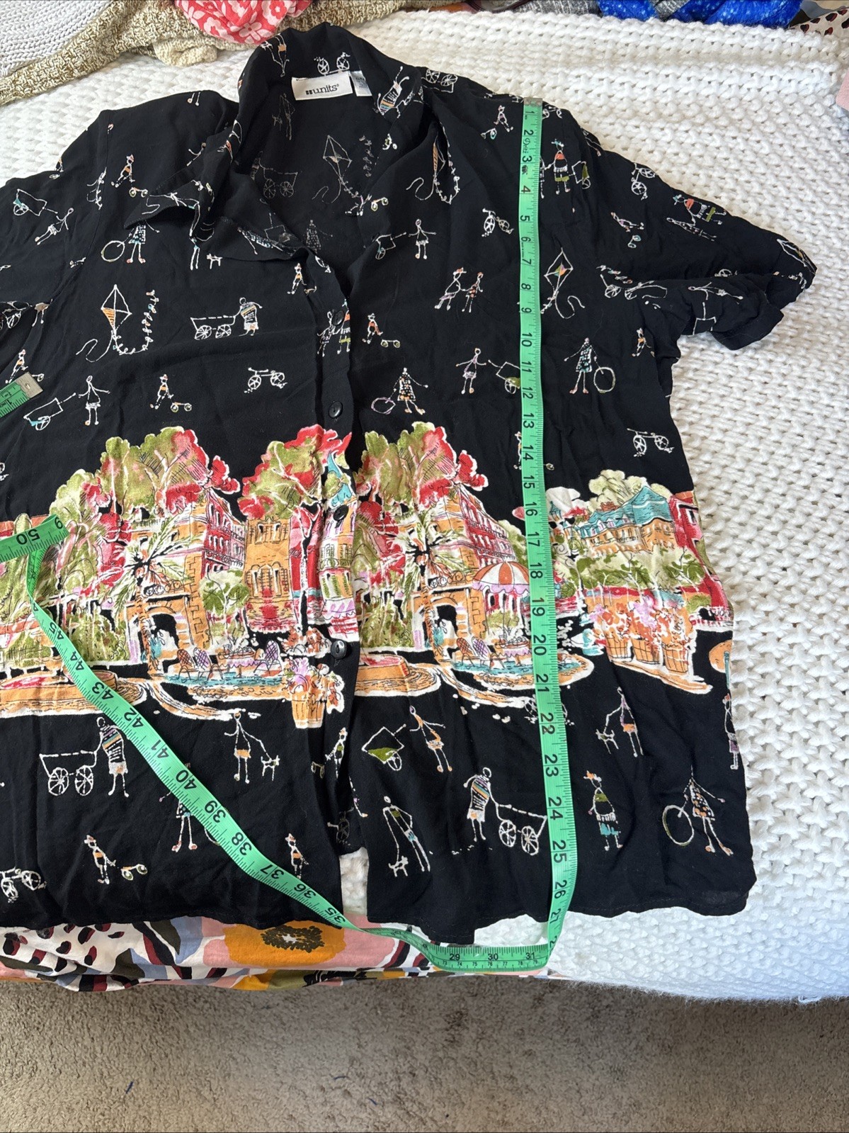 Vintage 80’s Units Blouse, Resort Scene, Doodles, Shoulder Pads Women’s Size XL