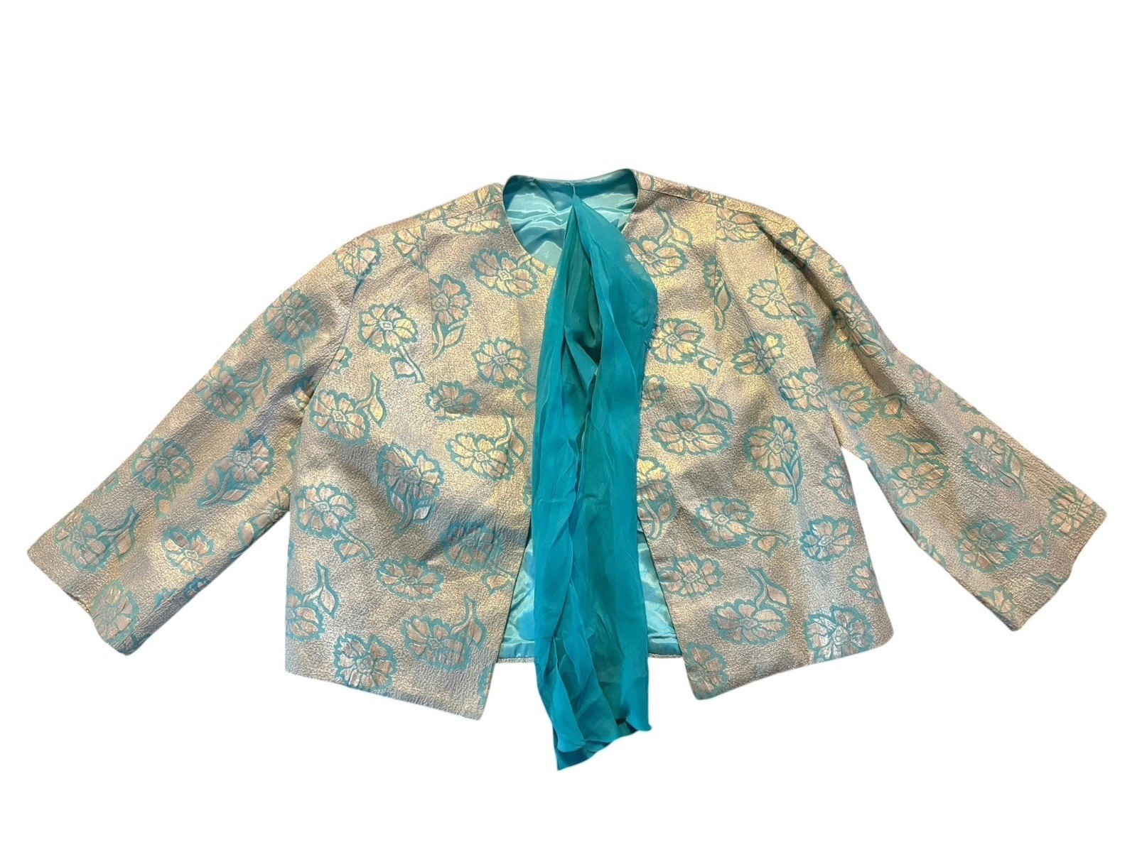 Vtg 60s Wiggle Dress Bow Cocktail Party Wedding Elegant Turquoise Gold Small
