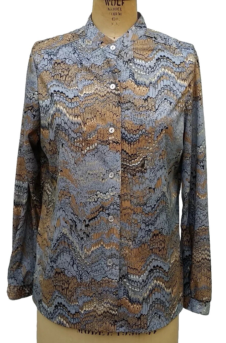 Vintage 1970s Marbleized Print Tunic LS Blouse Mandarin Band Collar Alex Colman