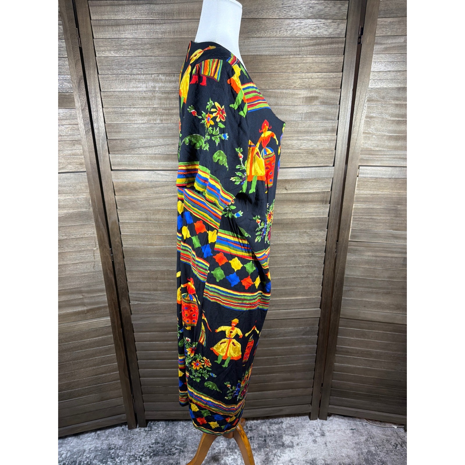 WNY Vintage Folk Art Novelty Print Midi Dress Black Multi Color Women Size 18