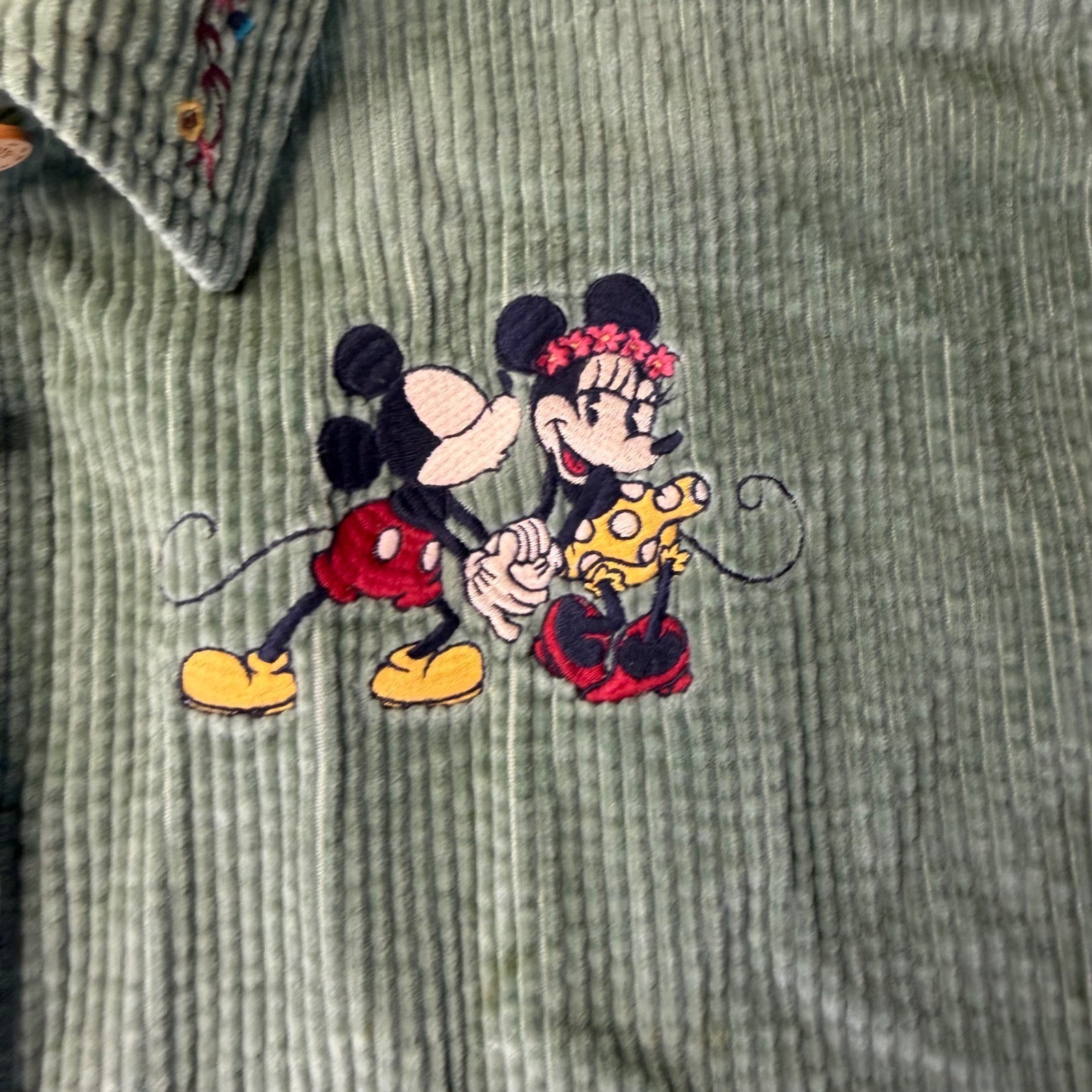 Vintage Disney Store Mickey Minnie Mouse Corduroy Dress Sage Green Floral Large