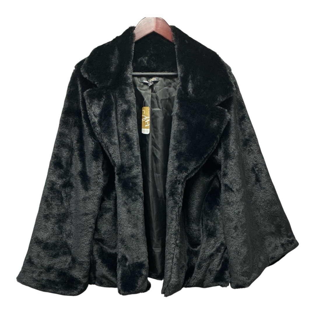 Suzanne Betro 1X Faux Fur Jacket Black Bell Sleeve Open Front MSRP $129