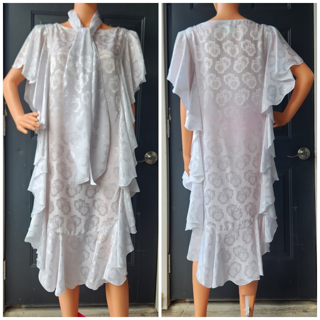 Vintage Miss Ashlee White Floral Jacquard Pattern Ruffle Dress & Scarf Tie Sz 8