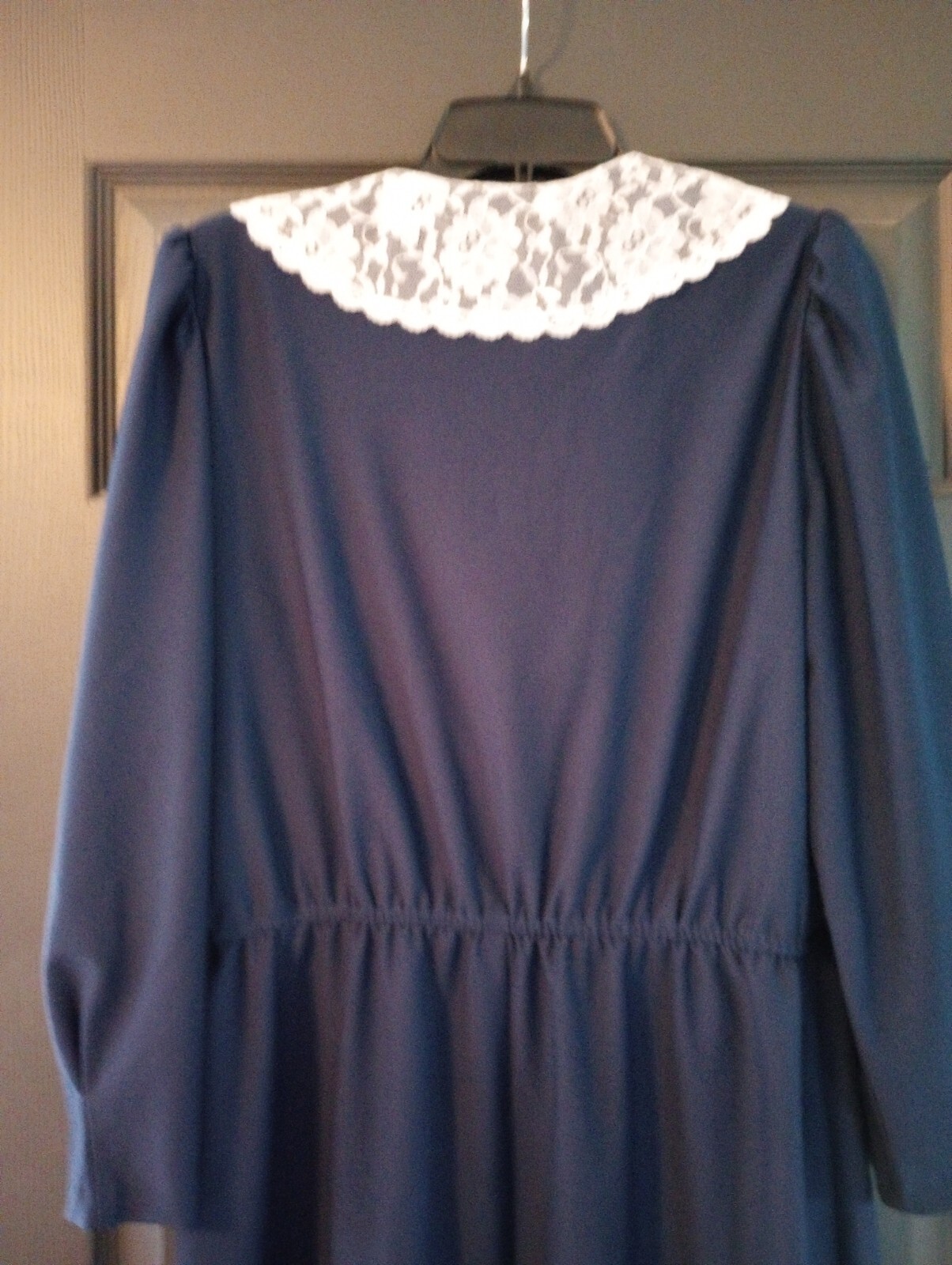 Retro 80s Navy Maxi Lace collar Prairie granny Chic Vintage Secretary dress VTG