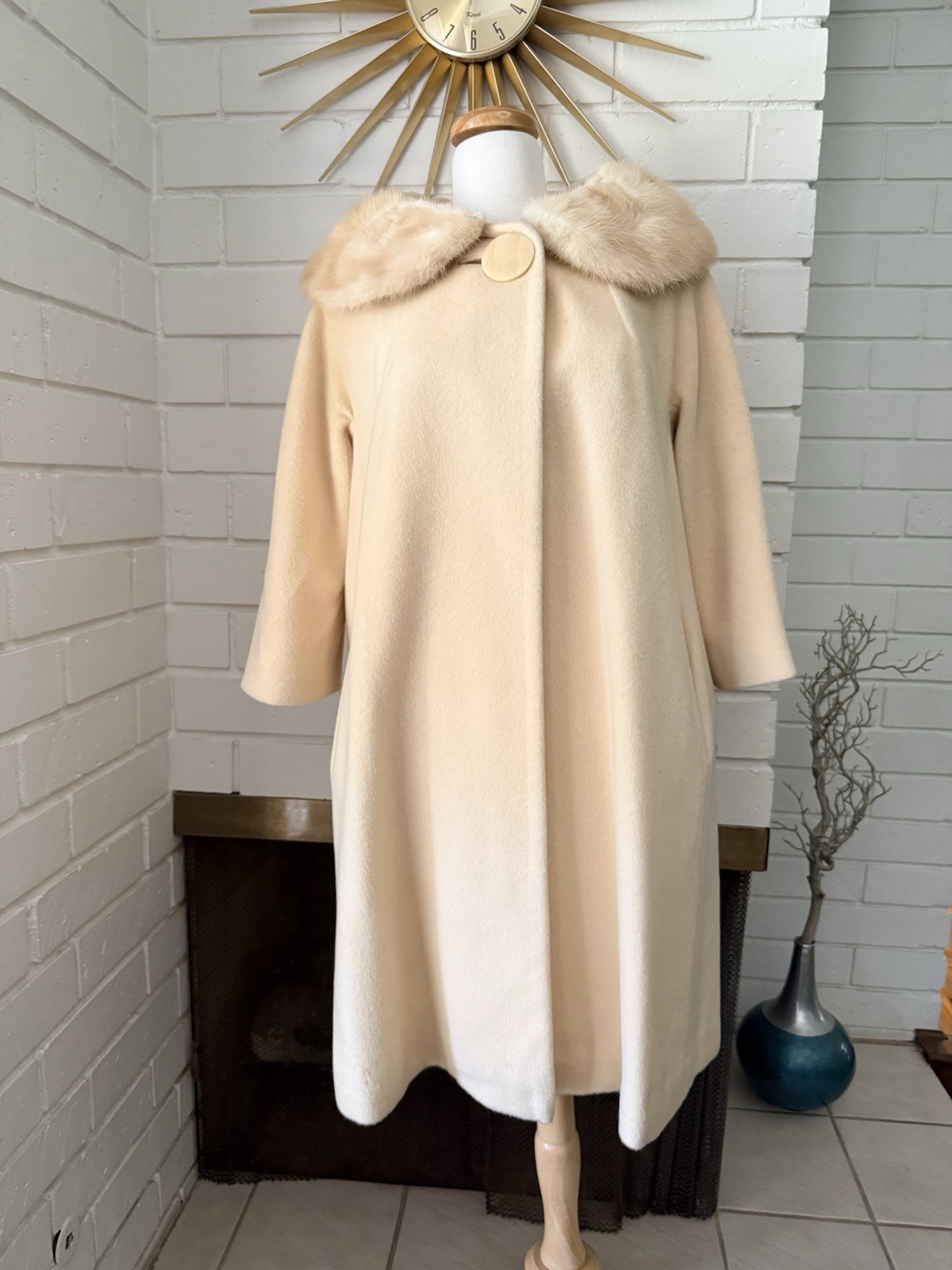 Vintage Ivory Swing Coat Real Fur Collar 50s 60s cream beige Bridal S wool USA